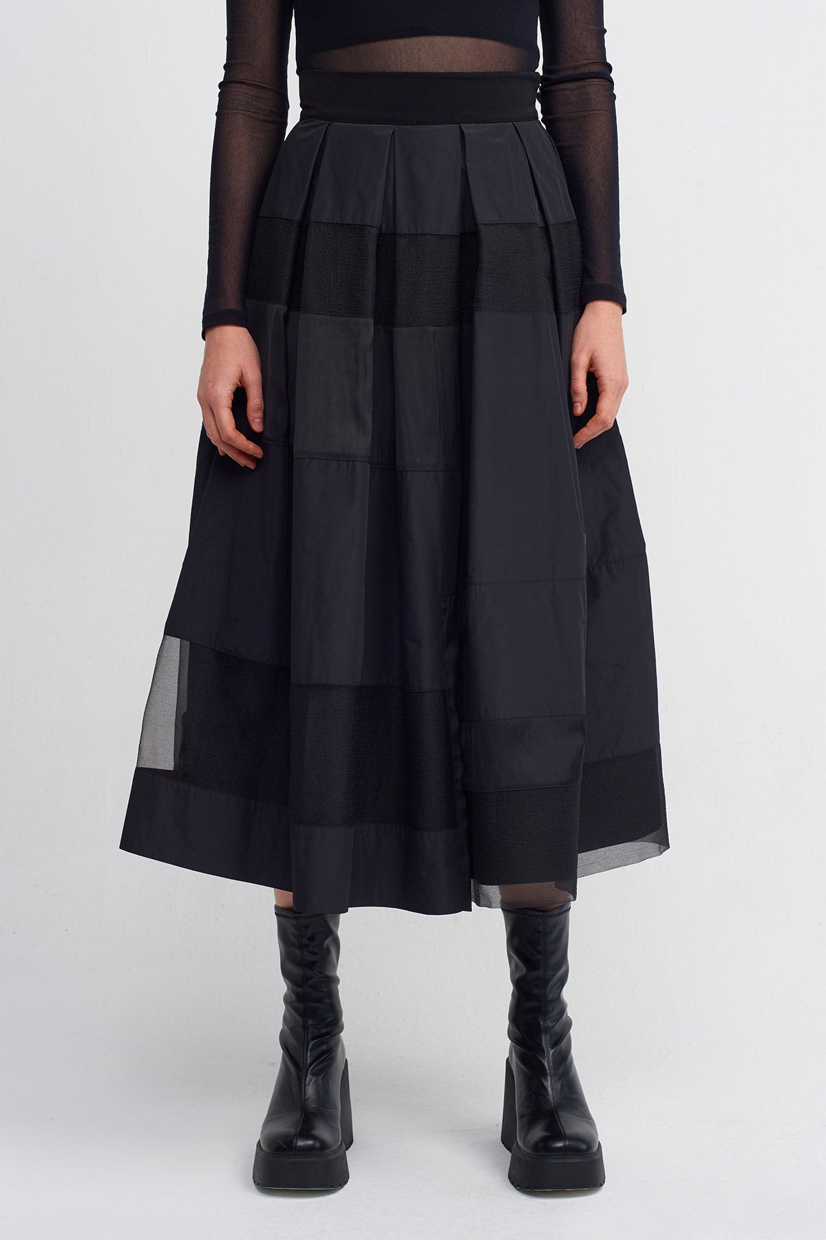 Black Taffeta and Organza Ribbon Pleated Midi Skirt-Y242012009