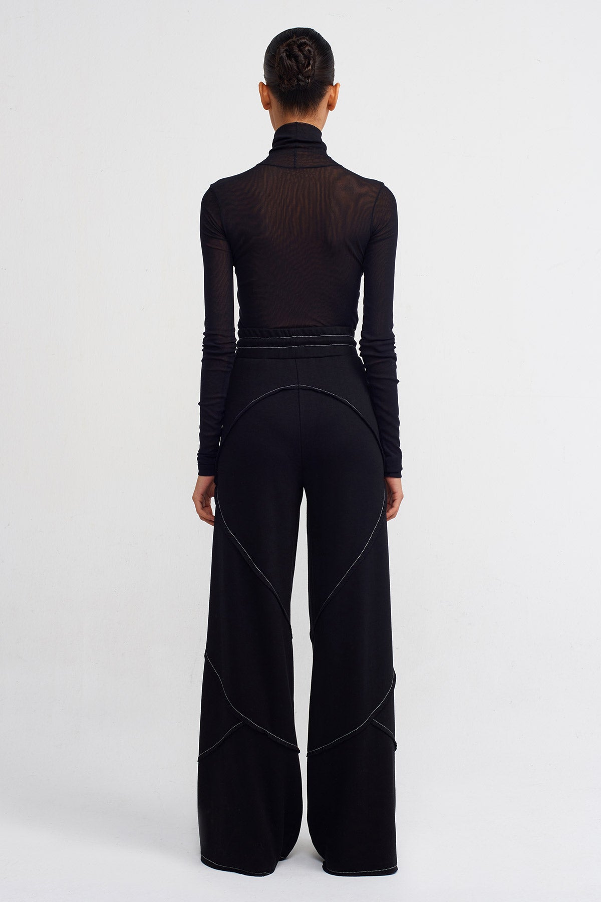 Black Wide Leg With Contrast Stitching Trousers-Y243013040