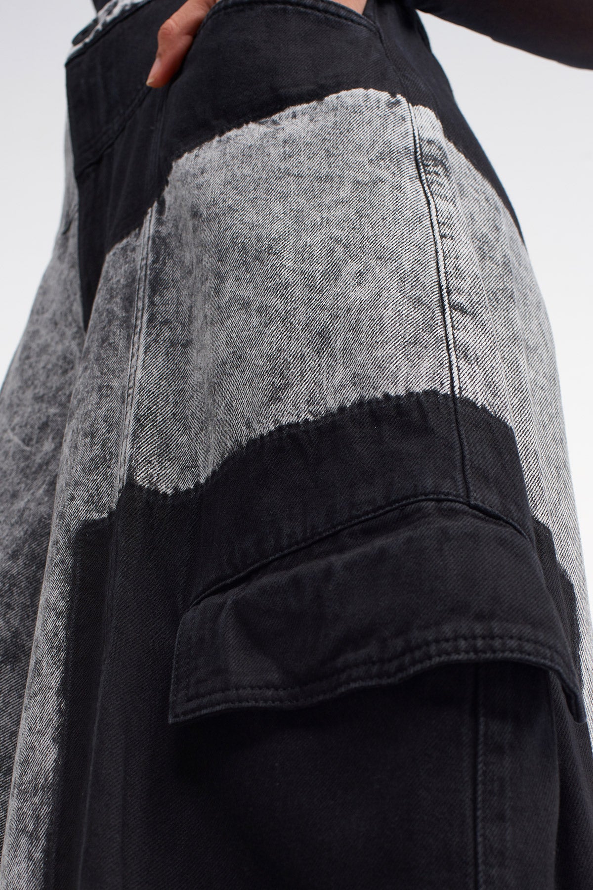 Beige/Black Patch Wash Detail Wide Leg Denim Trousers-Y243013042