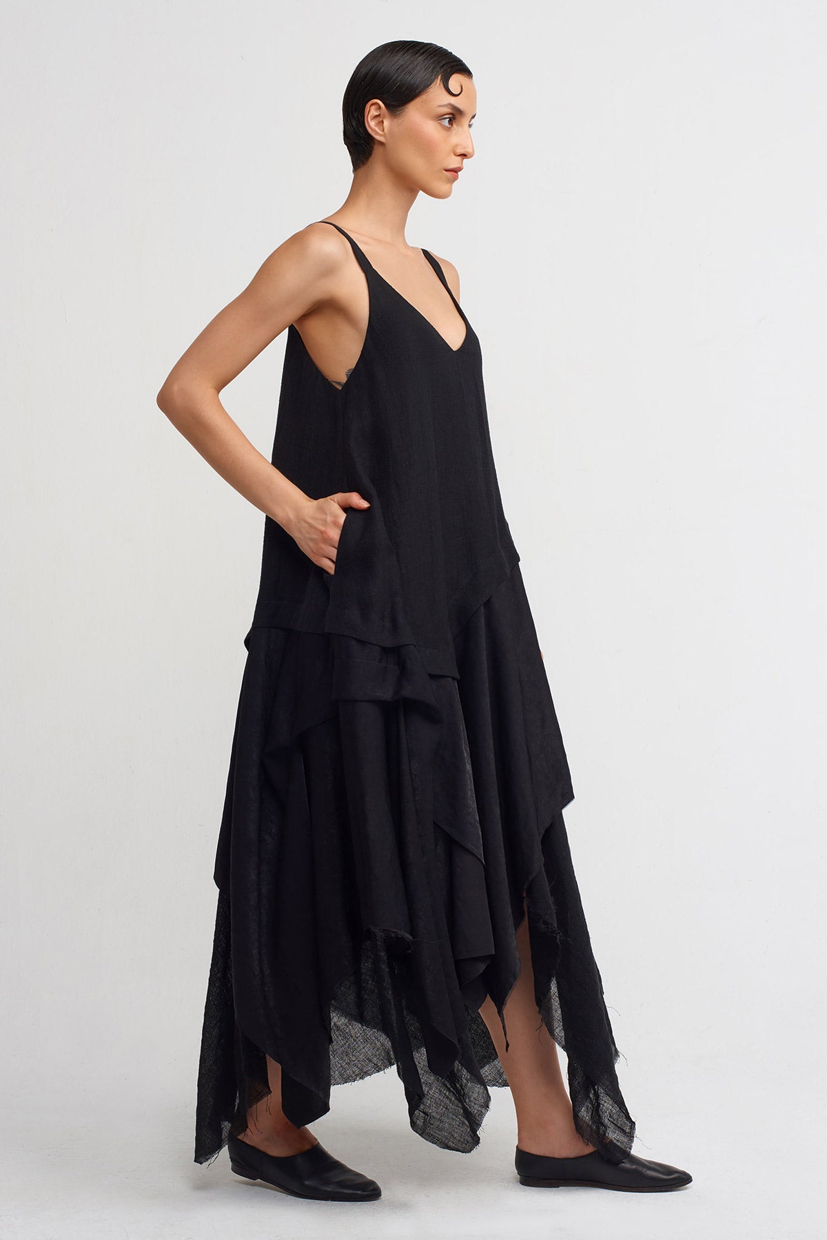 Black / Black Spaghetti Strap Asymmetric Linen Blend Dress-Y244014002