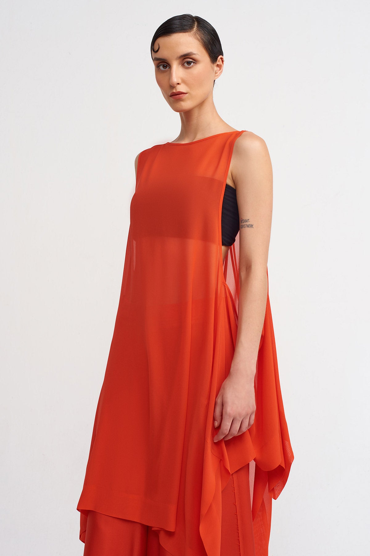 Scarlet Chiffon Asymmetric Tunic Dress-Y244014012