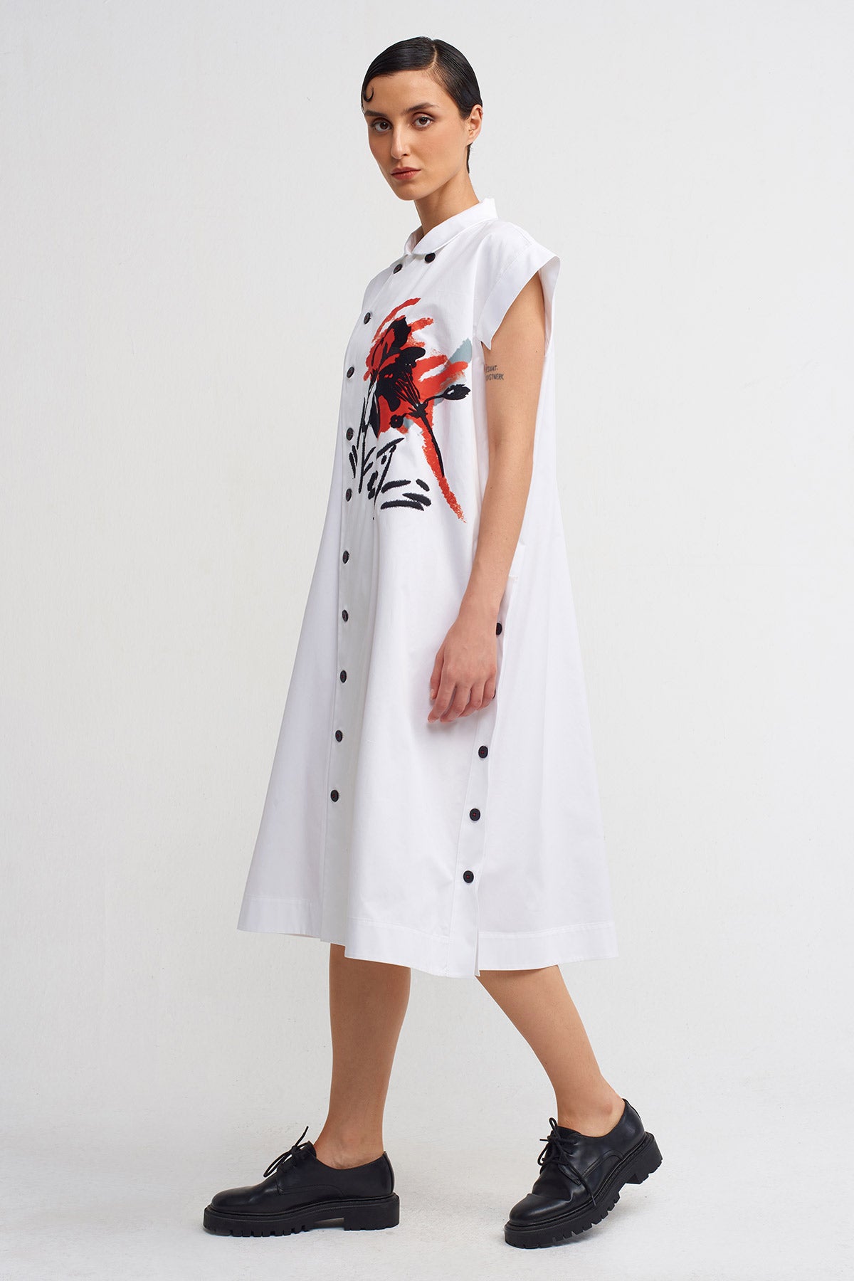 White / Black Print and Embroidery Detailed Dress-Y244014014