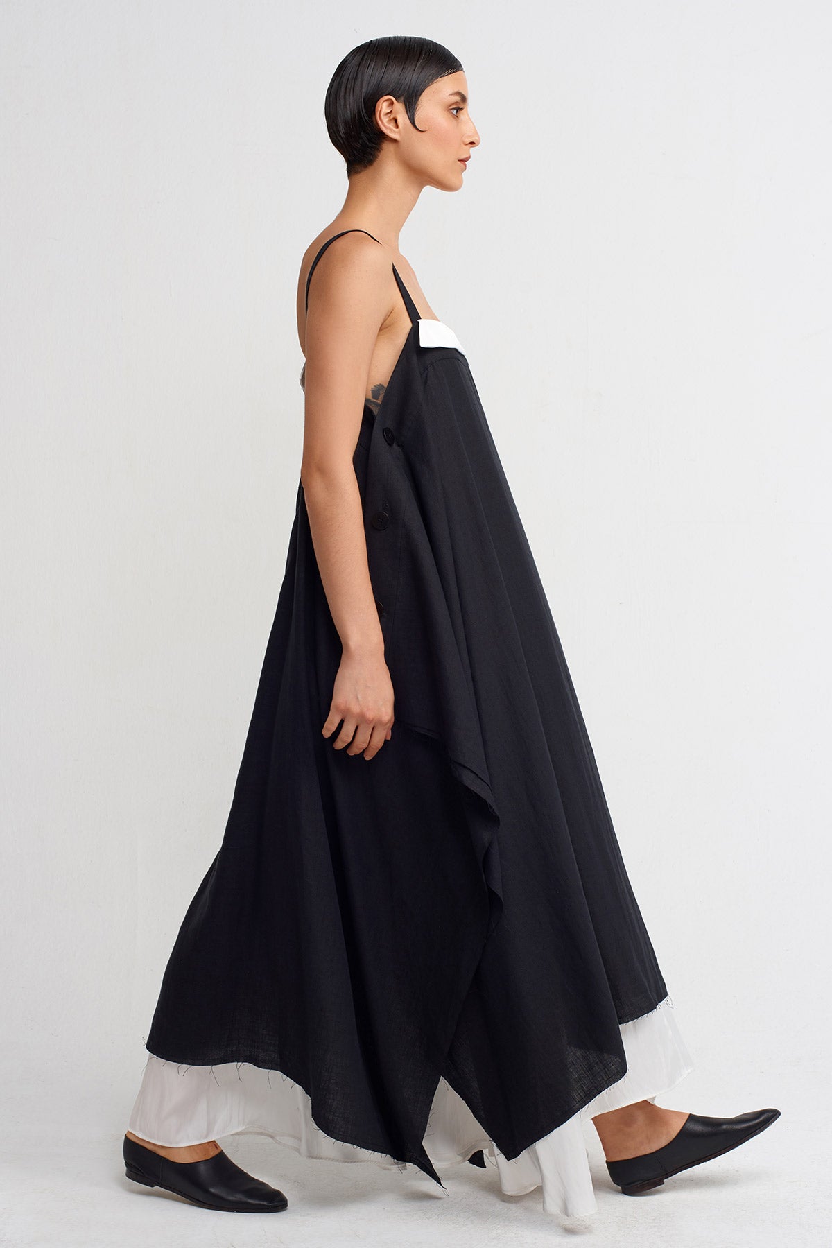 Black / White Thick Strap, Long Linen Dress-Y244014015