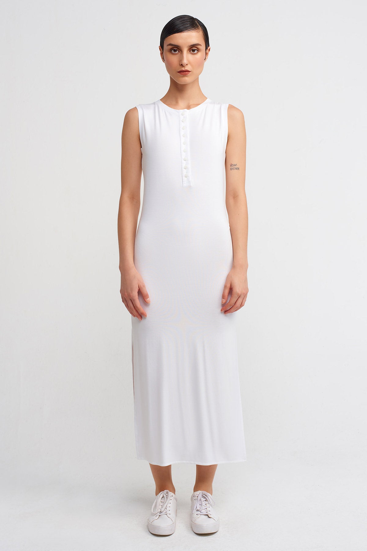 Off White Side Slit, Sleeveless Bodycon Dress-Y244014026