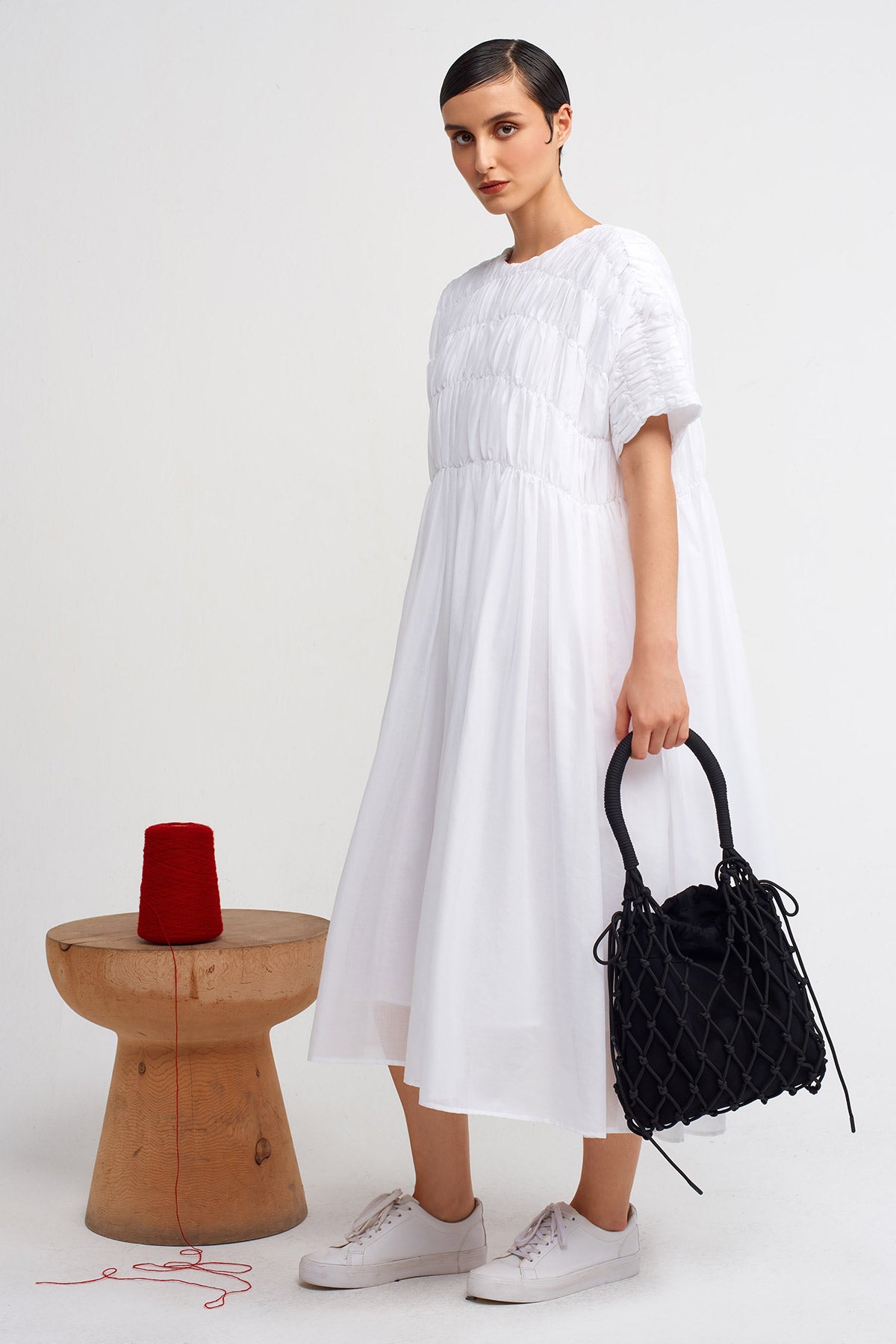 Off White Elastic Embroidered Midi Length Loose Dress-Y244014030