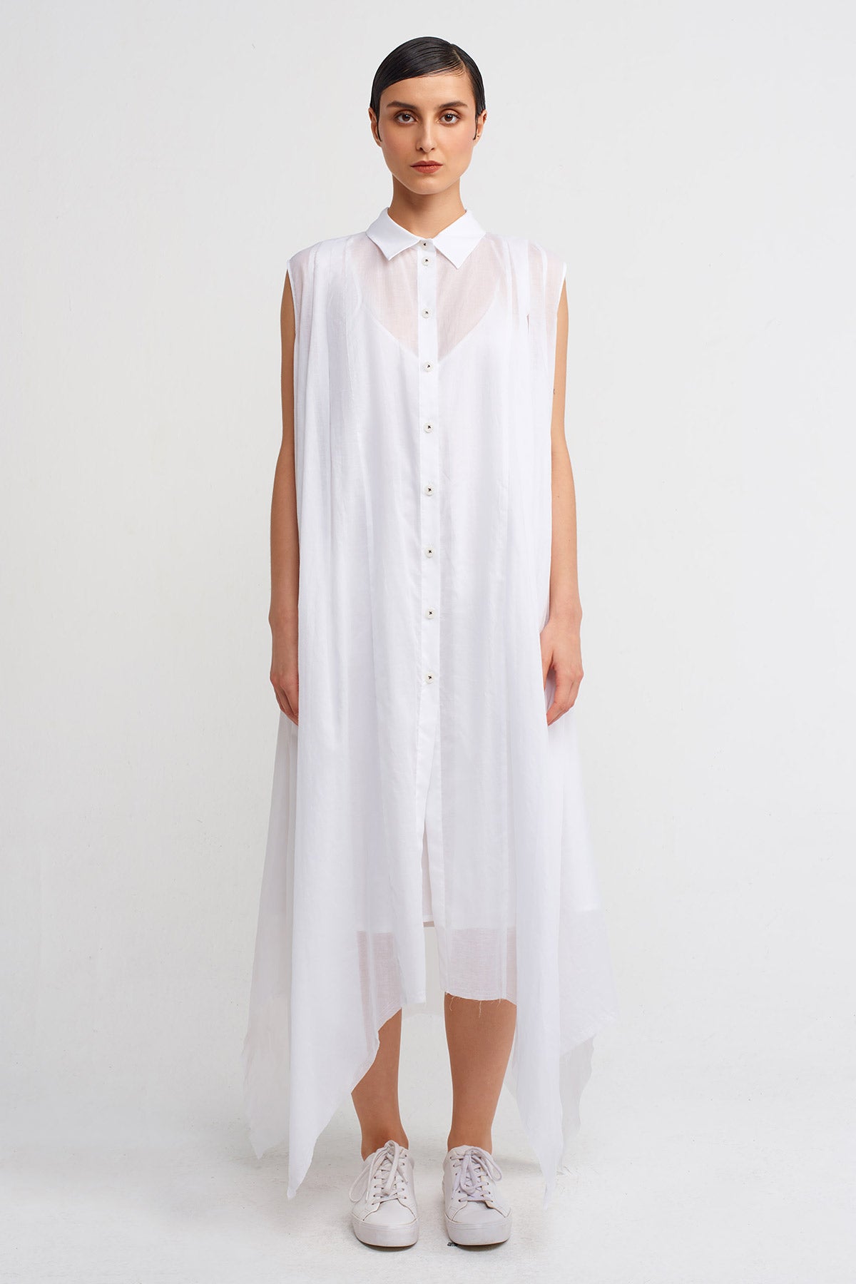 Off White Asymmetric Long Shirt Dress-Y244014032