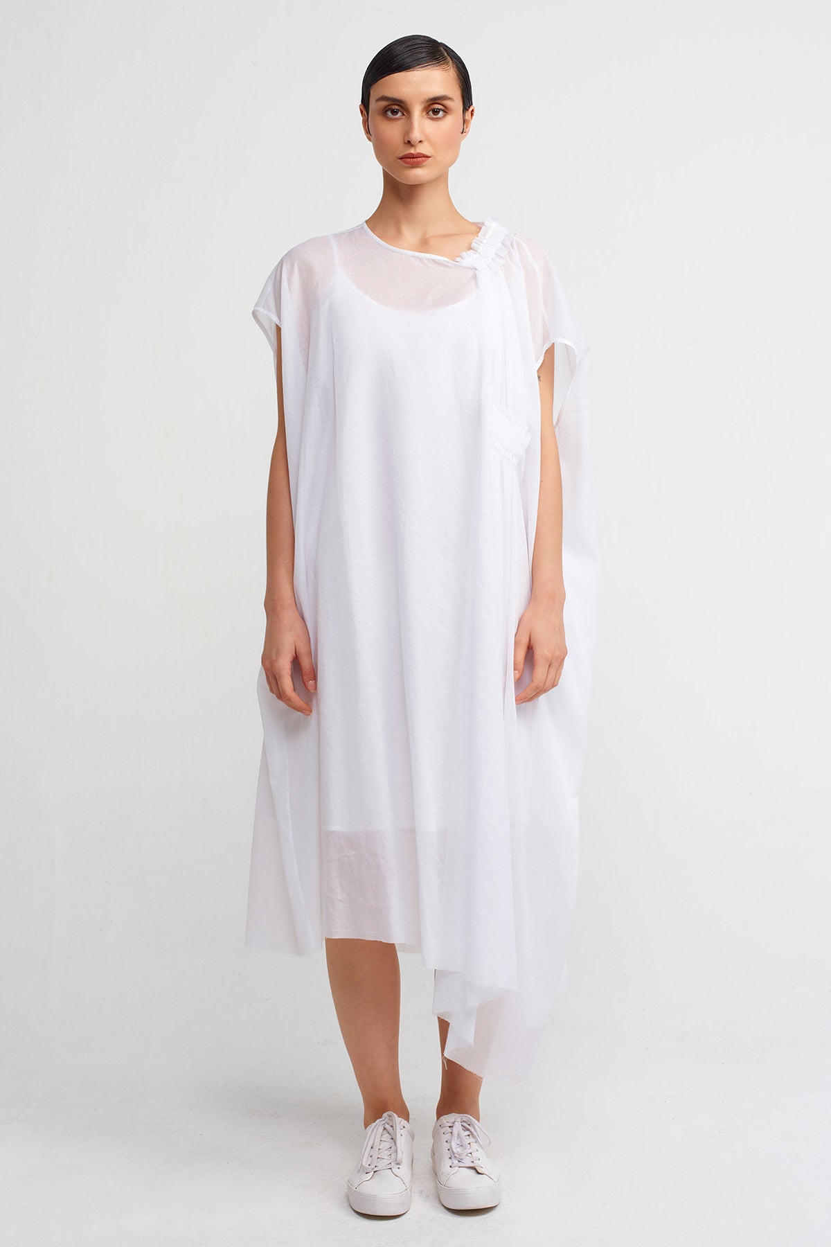 Off White Elastic Detail V-neck Chiffon Dress-Y244014033