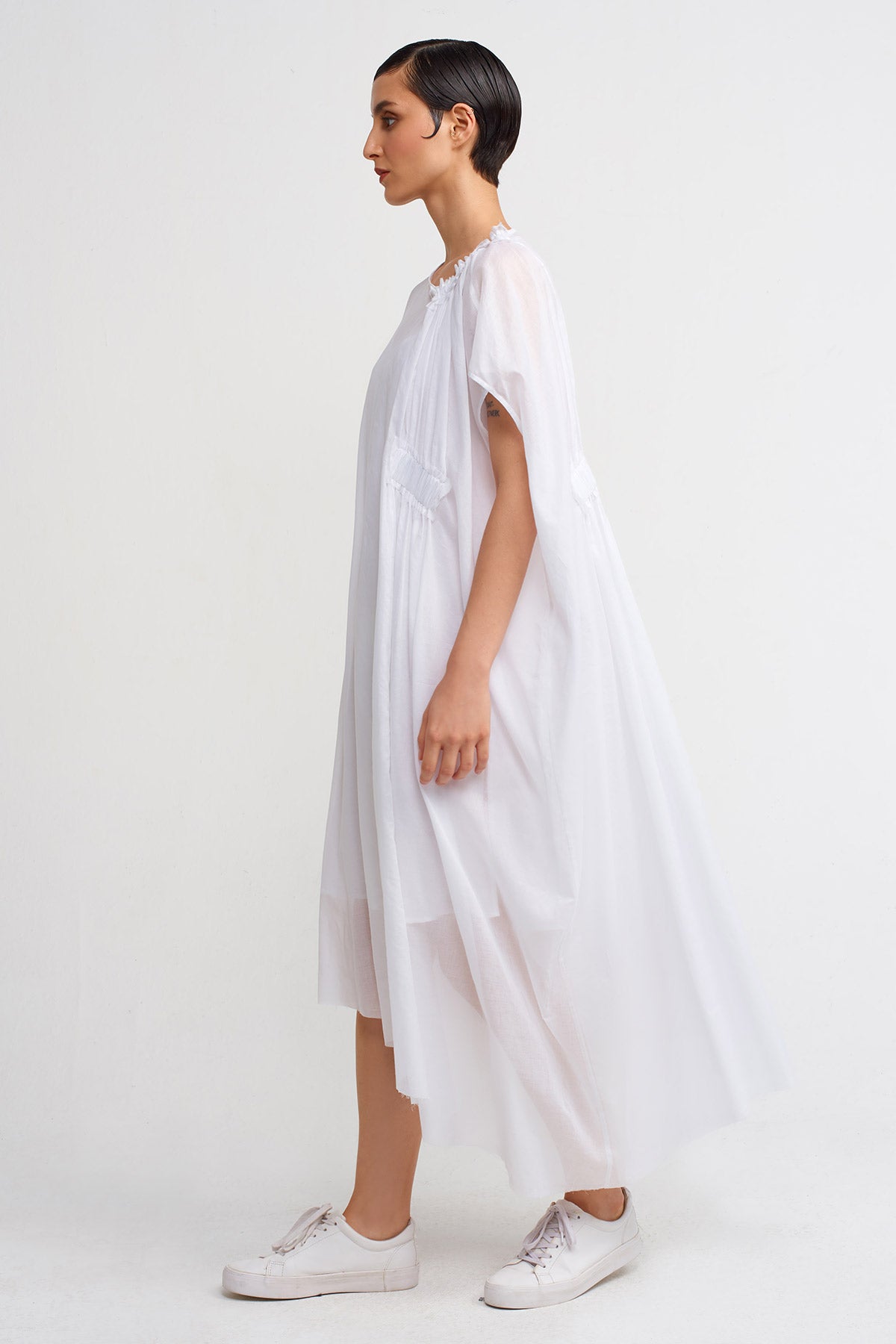 Off White Elastic Detail V-neck Chiffon Dress-Y244014033
