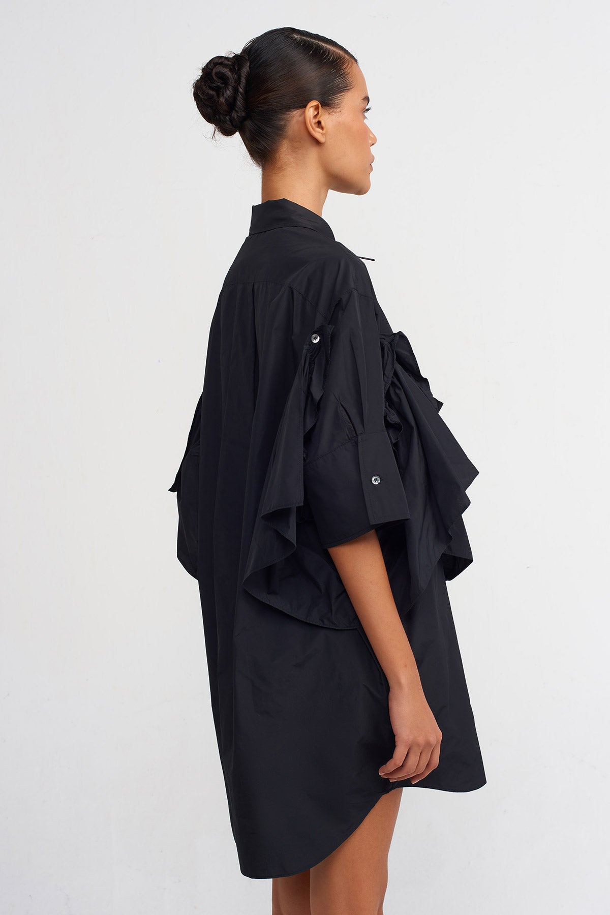 Black Taffeta Shirt Dress-Y244014050