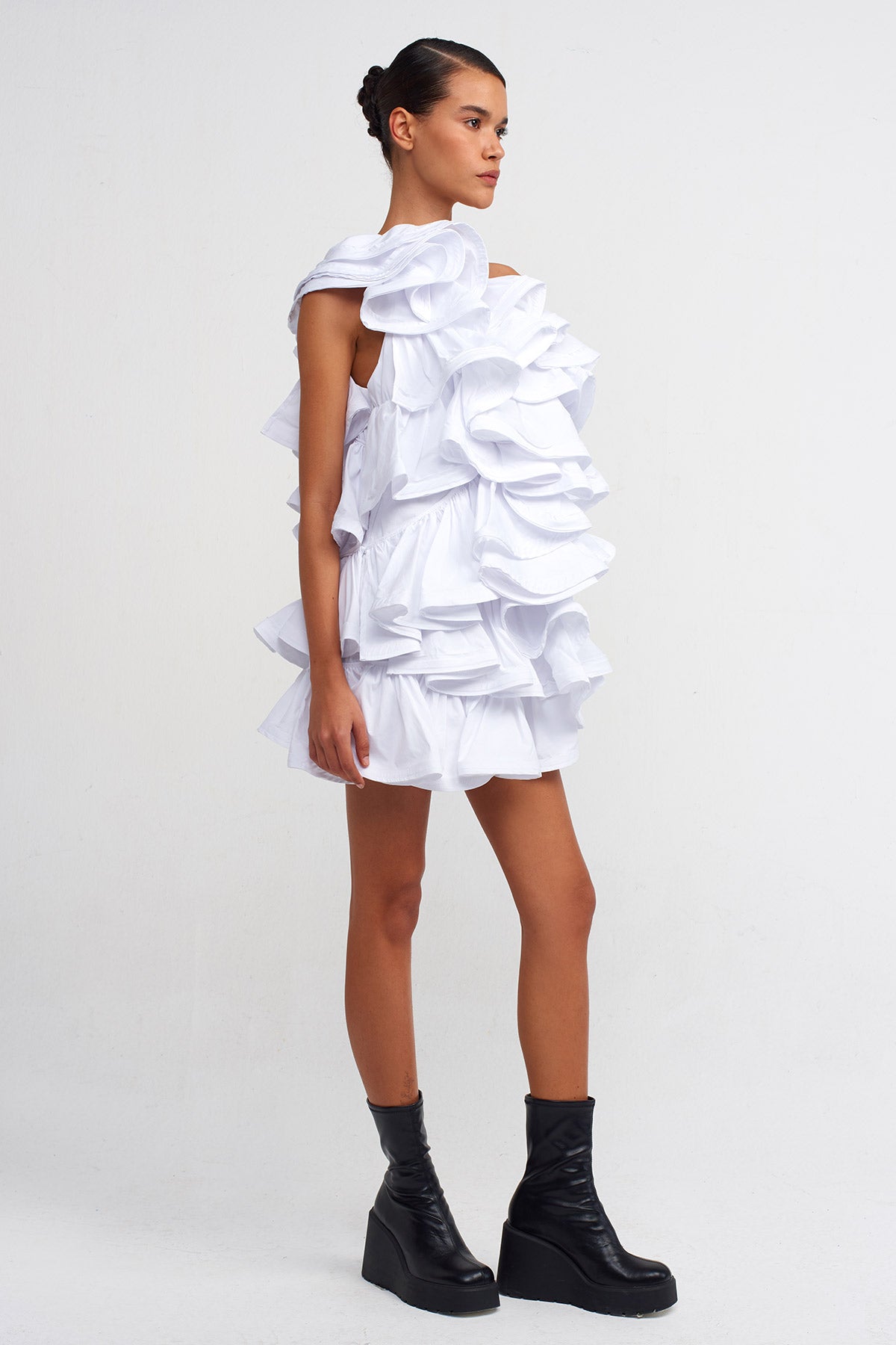 Off White Short Poplin Ruffle Dress-Y244014061