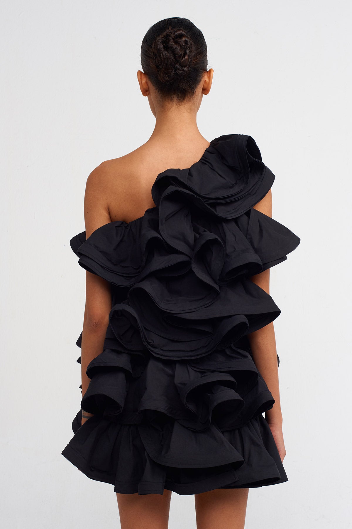 Black Short Poplin Ruffle Dress-Y244014061