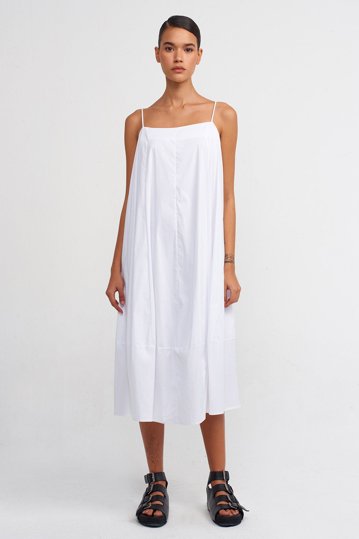 Off White Strappy Poplin Dress-Y244014062
