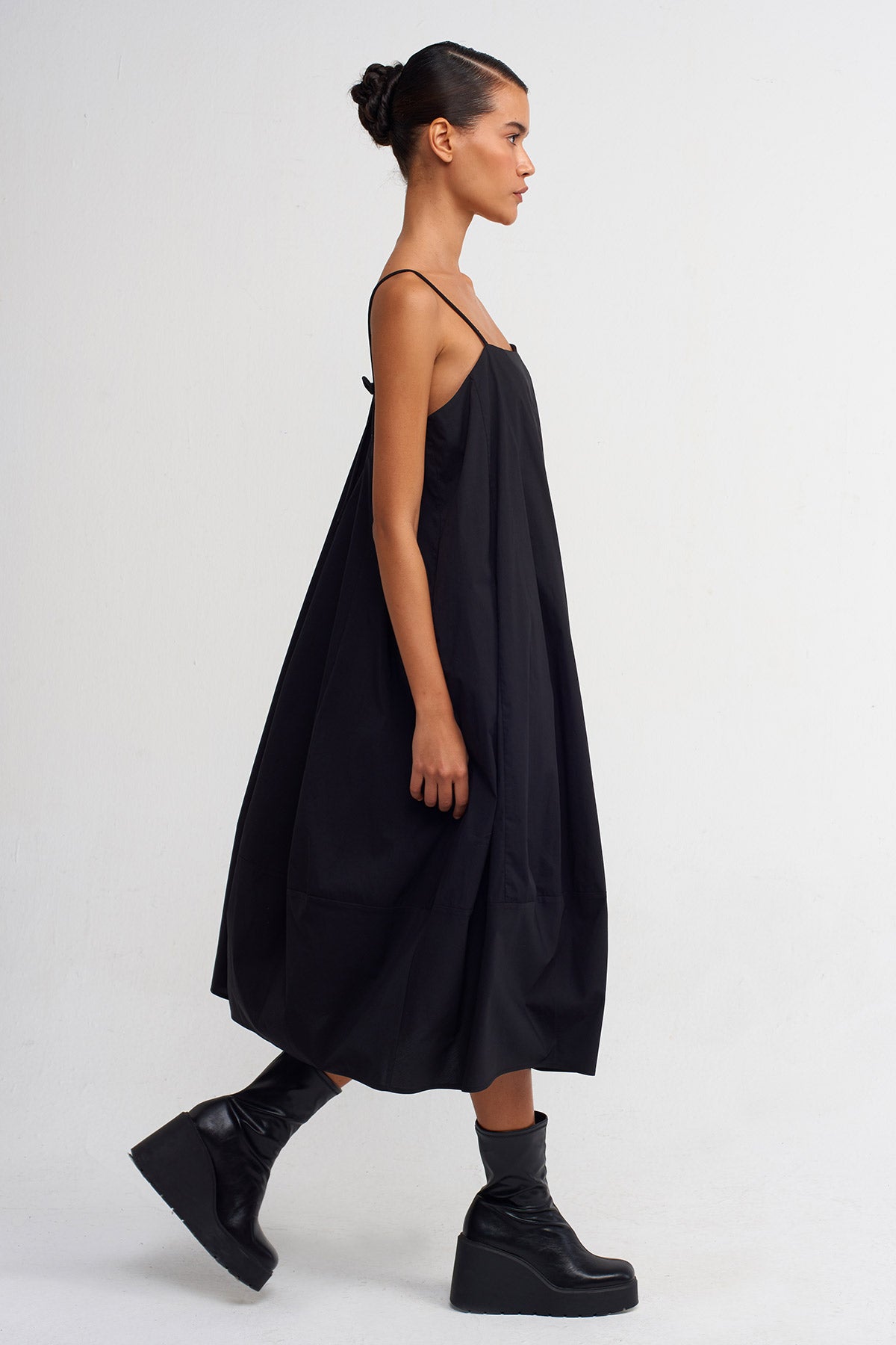 Black Strappy Poplin Dress-Y244014062