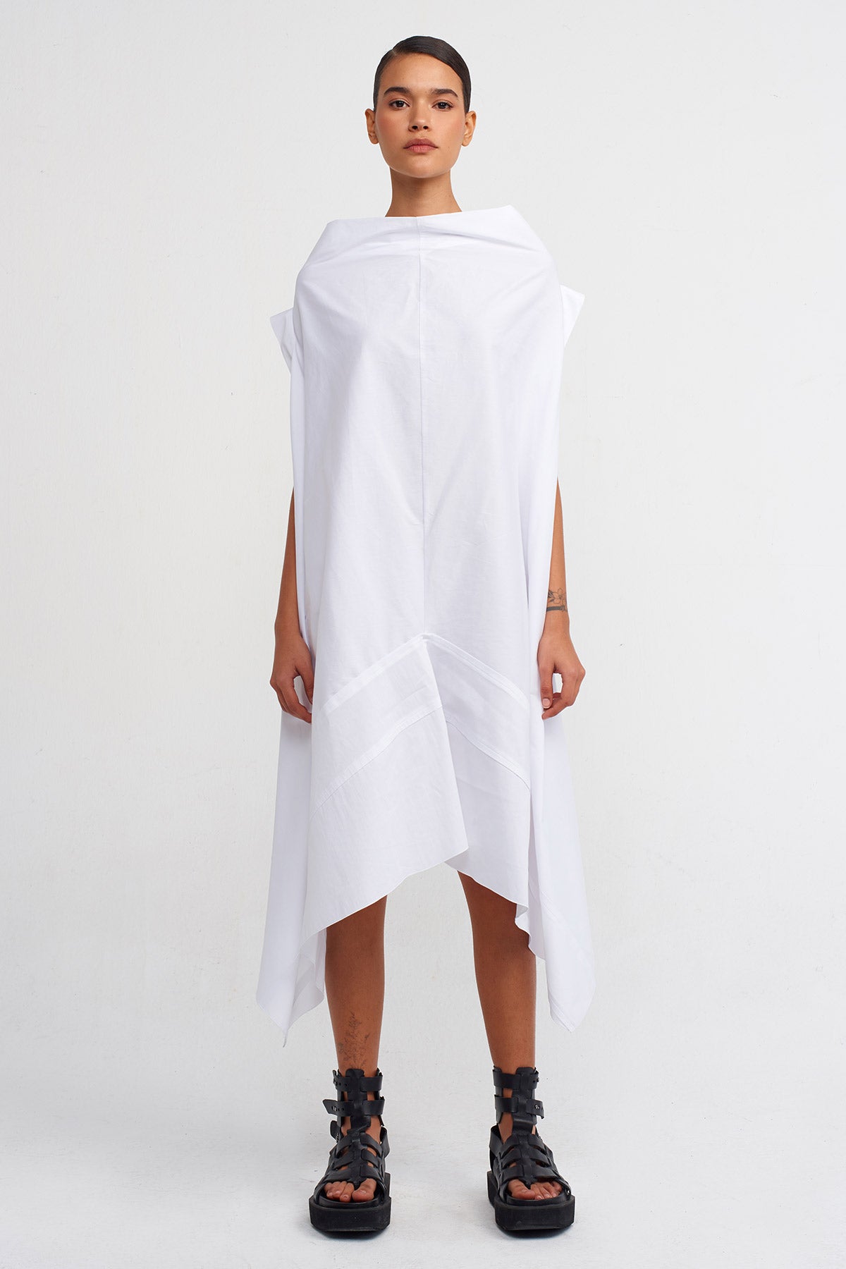 Off White Asymmetric Cut Poplin Dress-Y244014063