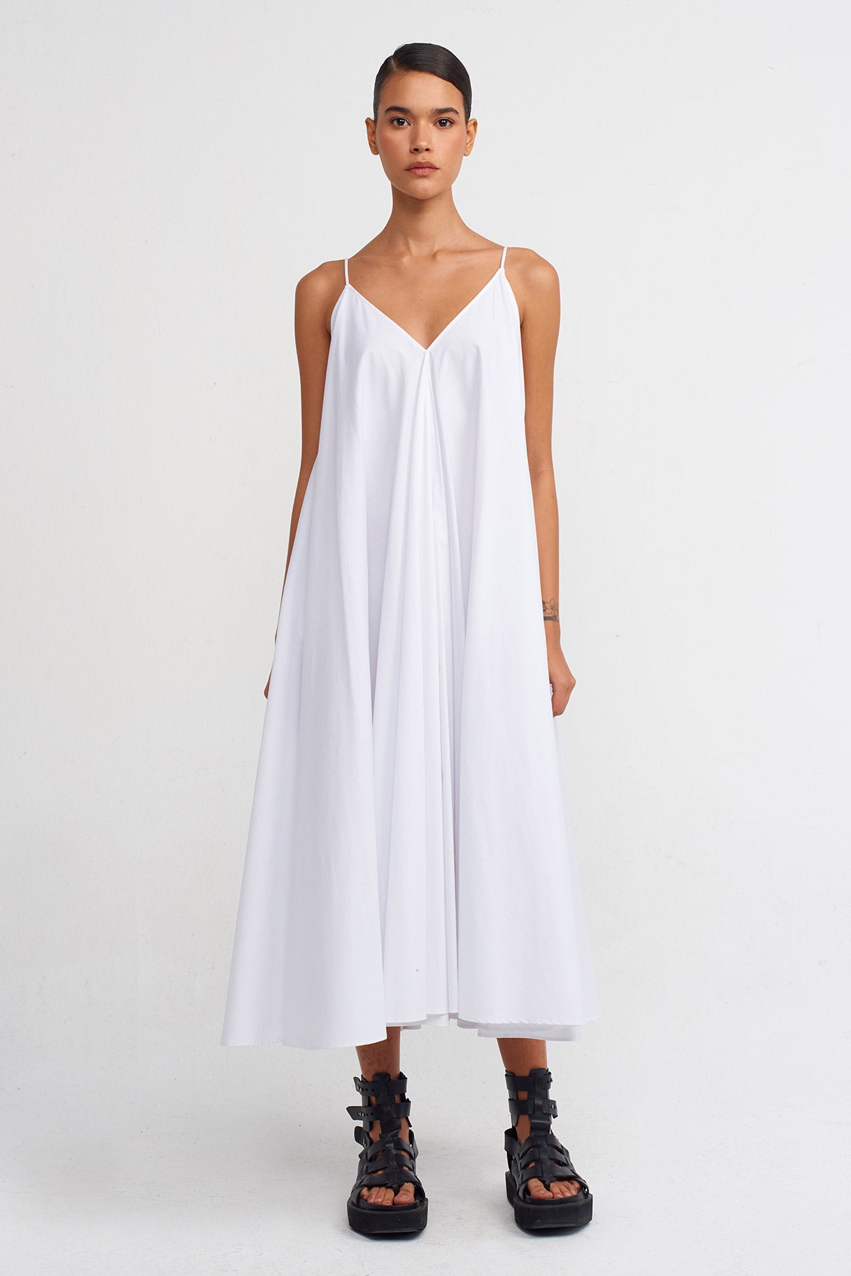 Off White Strappy Poplin Dress-Y244014064