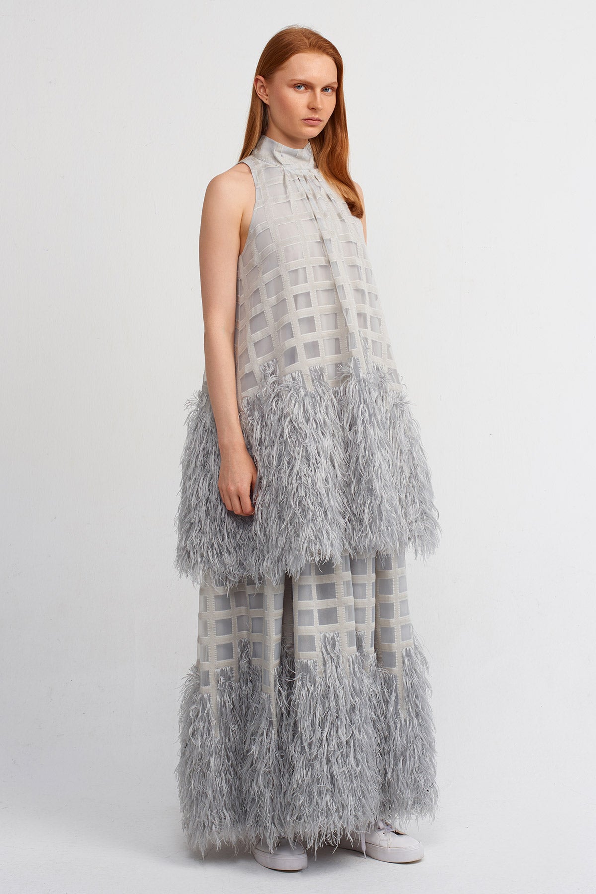 Ice Feathered Hem, Maxi Length Elegant Dress-Y244014067