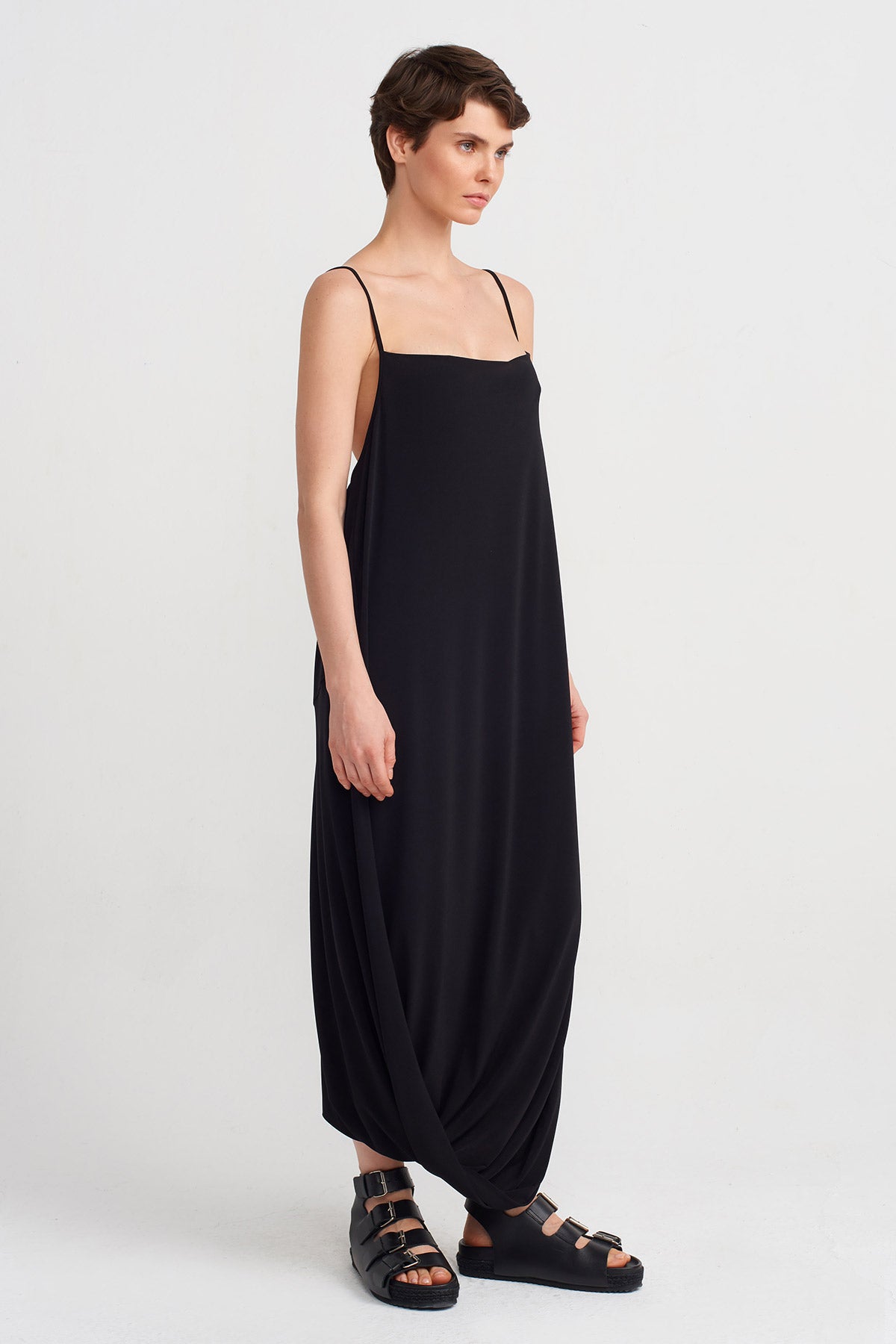 Black Thin-Strap Draped Dress-Y244014114