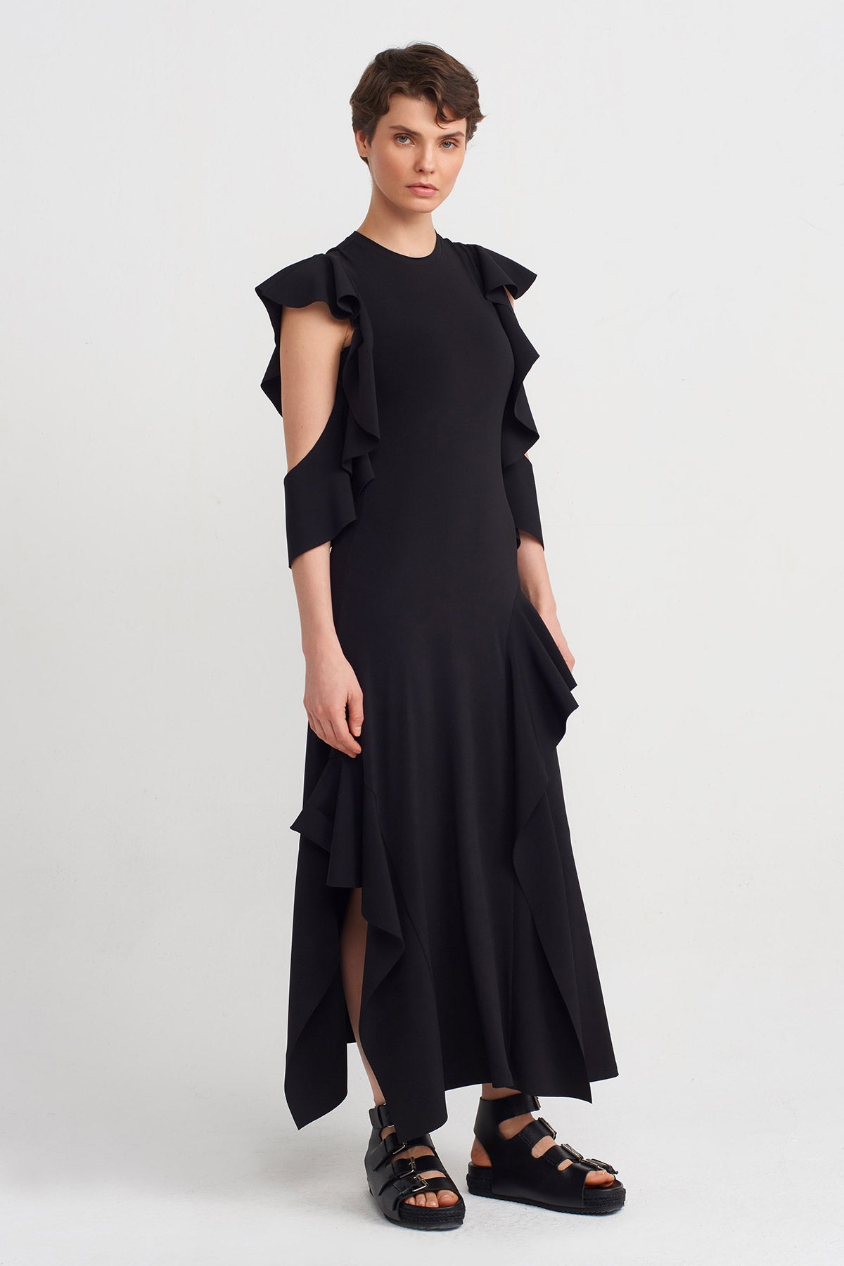 Black Ruffle Detail Jersey Dress-Y244014116