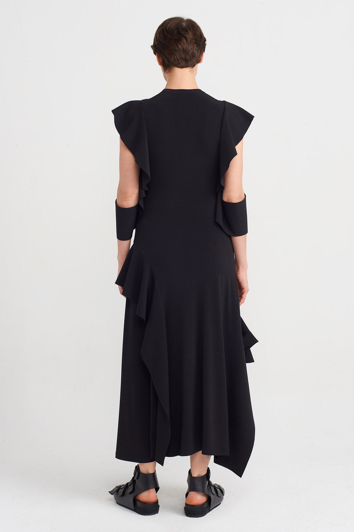 Black Ruffle Detail Jersey Dress-Y244014116