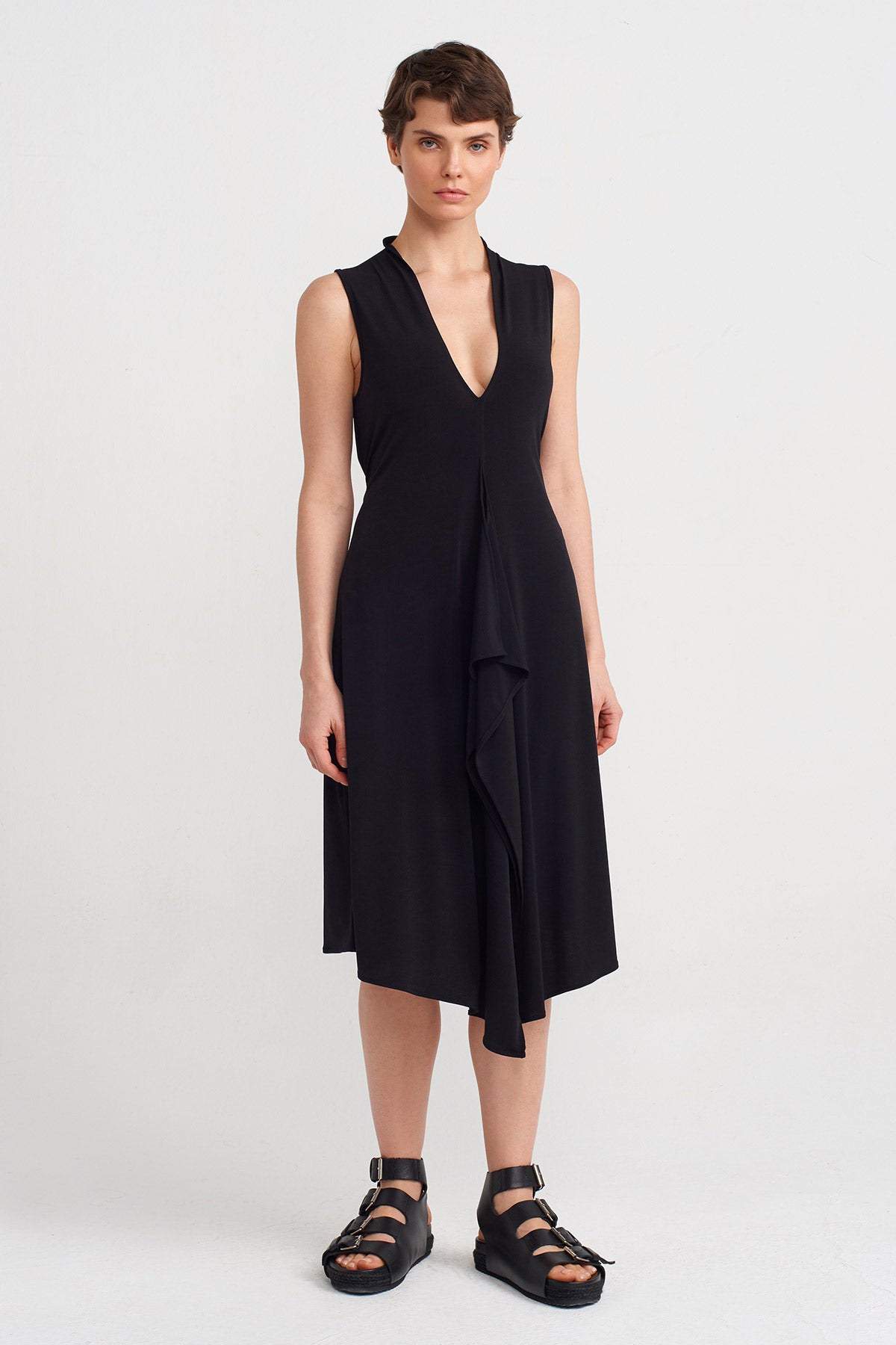 Black V-Neck Jersey Dress-Y244014117