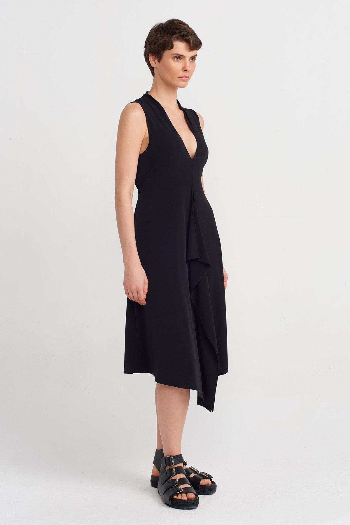 Black V-Neck Jersey Dress-Y244014117