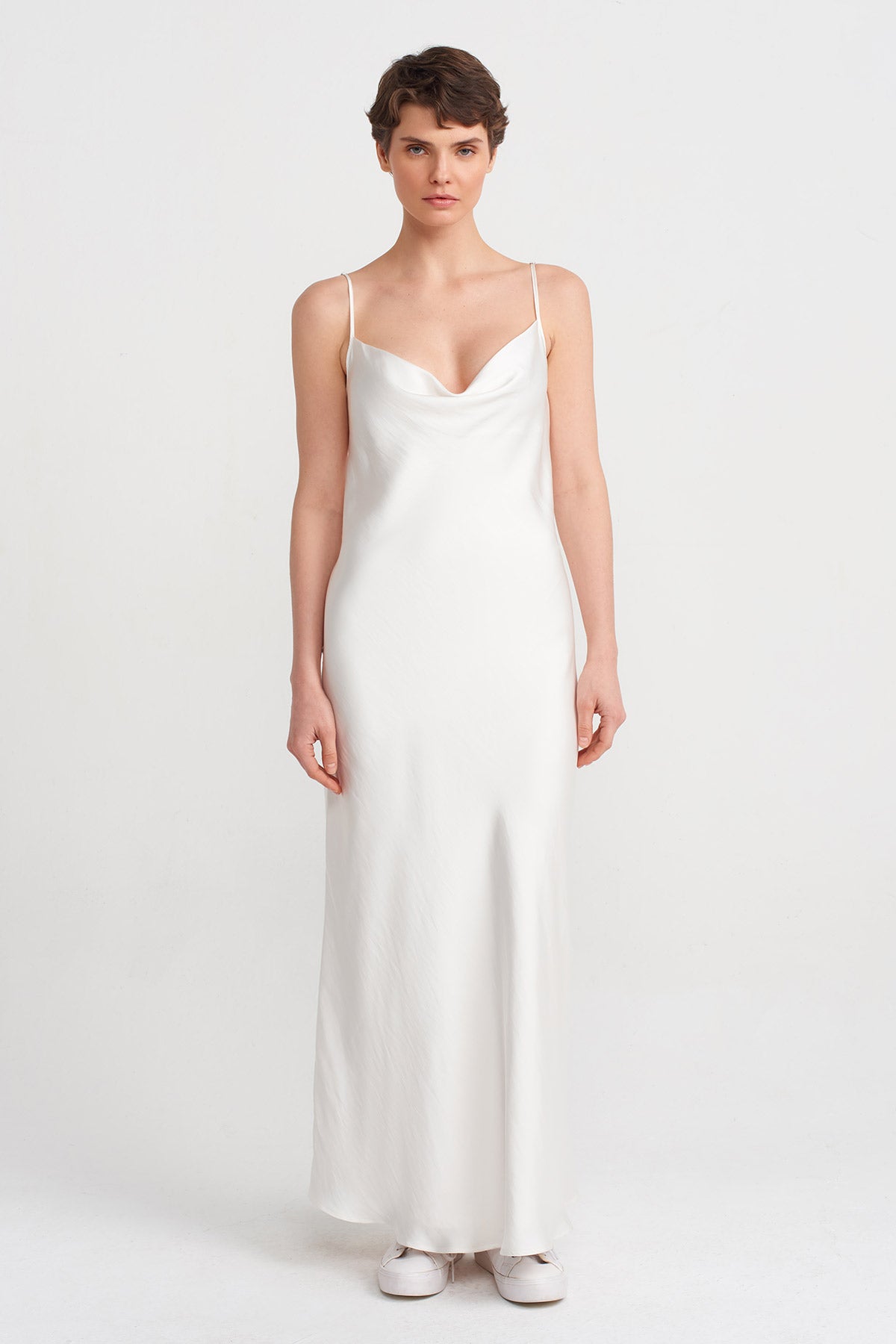 Off White Thin Strapped Elegant Long Dress-Y244014127