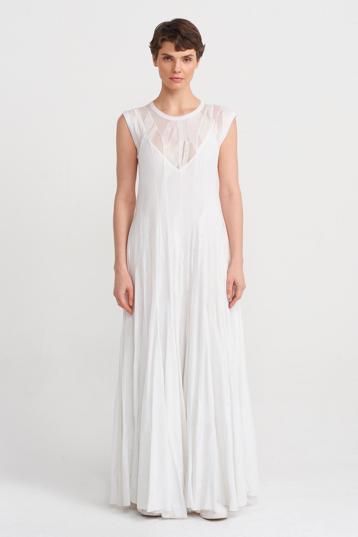 Off White Tone-on-Tone Printed Long Elegant Dress-Y244014132
