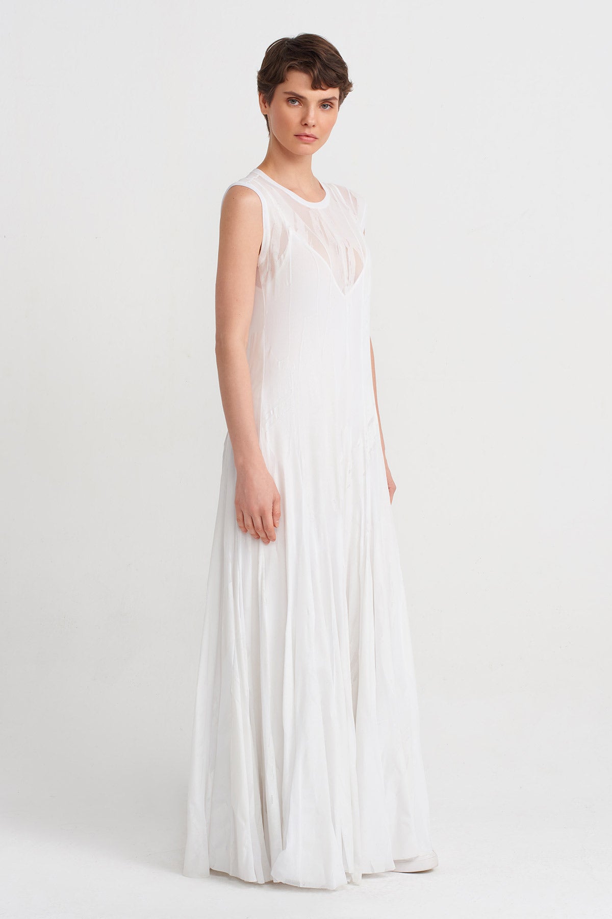 Off White Tone-on-Tone Printed Long Elegant Dress-Y244014132