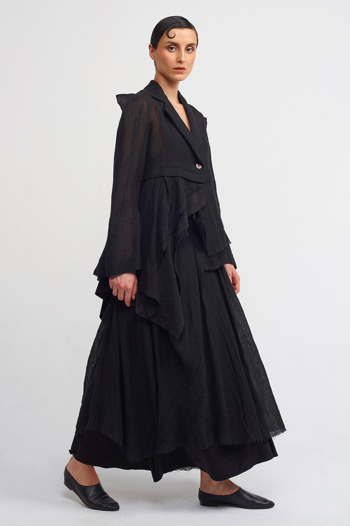 Black / Black Square-Shoulder Linen Jacket-Y245015001