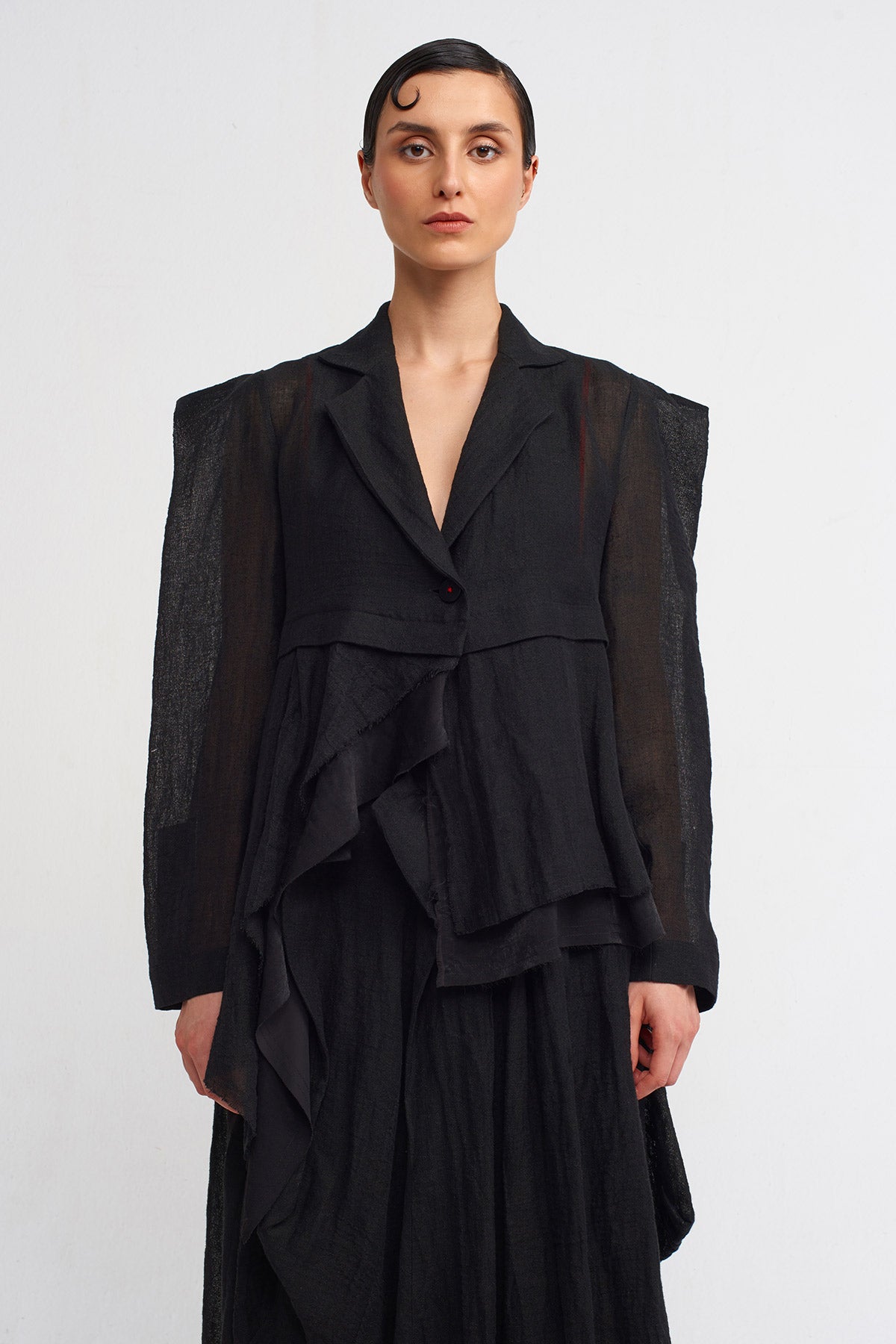 Black / Black Square-Shoulder Linen Jacket-Y245015001