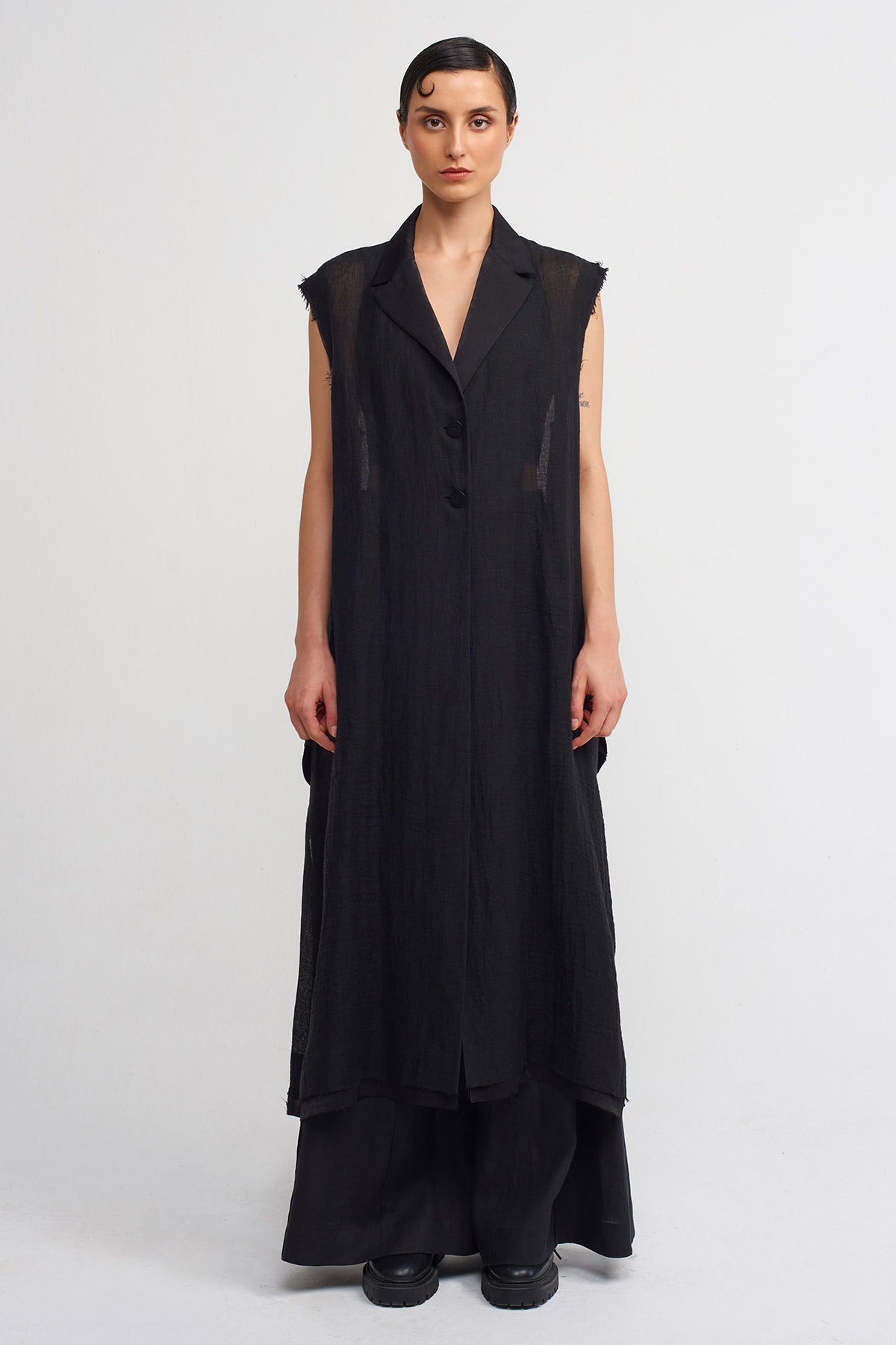 Black / Black Long Linen Vest-Y245015005