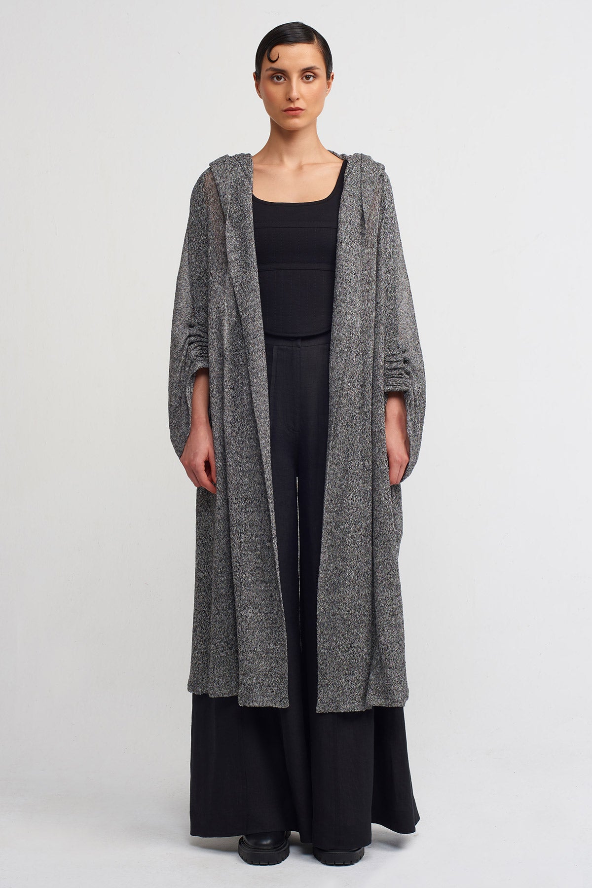 Grey Hooded Knit Cardigan-Y245015008