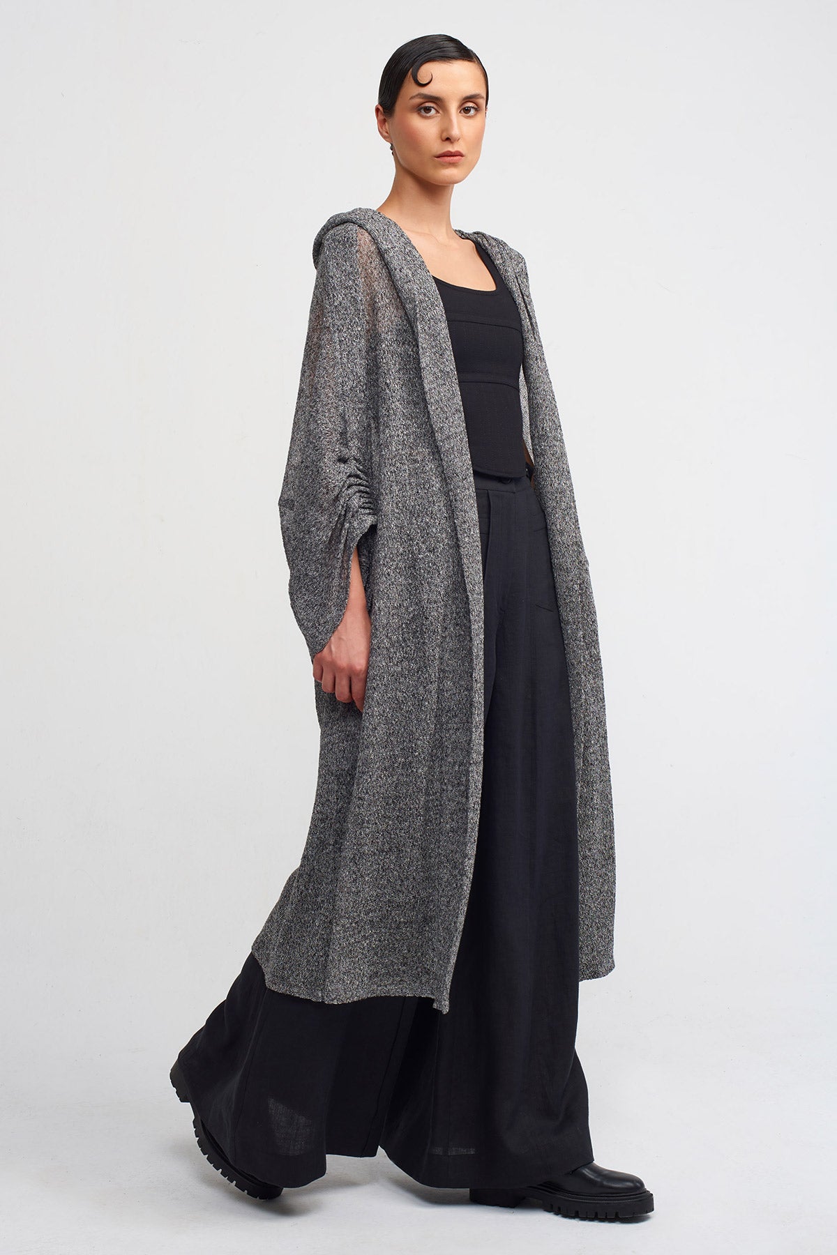 Grey Hooded Knit Cardigan-Y245015008