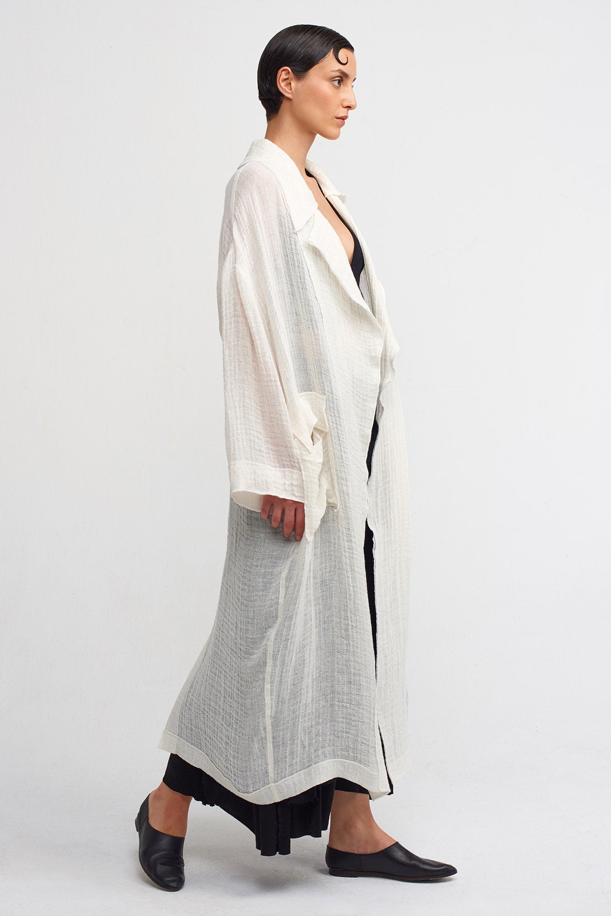 Off White Pocketed, Linen Long Jacket-Y245015009