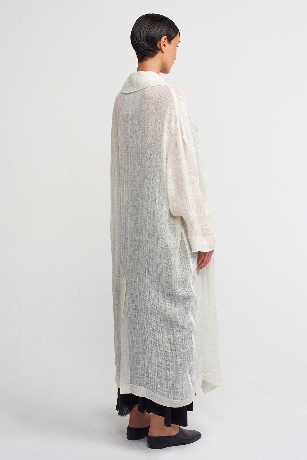 Off White Pocketed, Linen Long Jacket-Y245015009