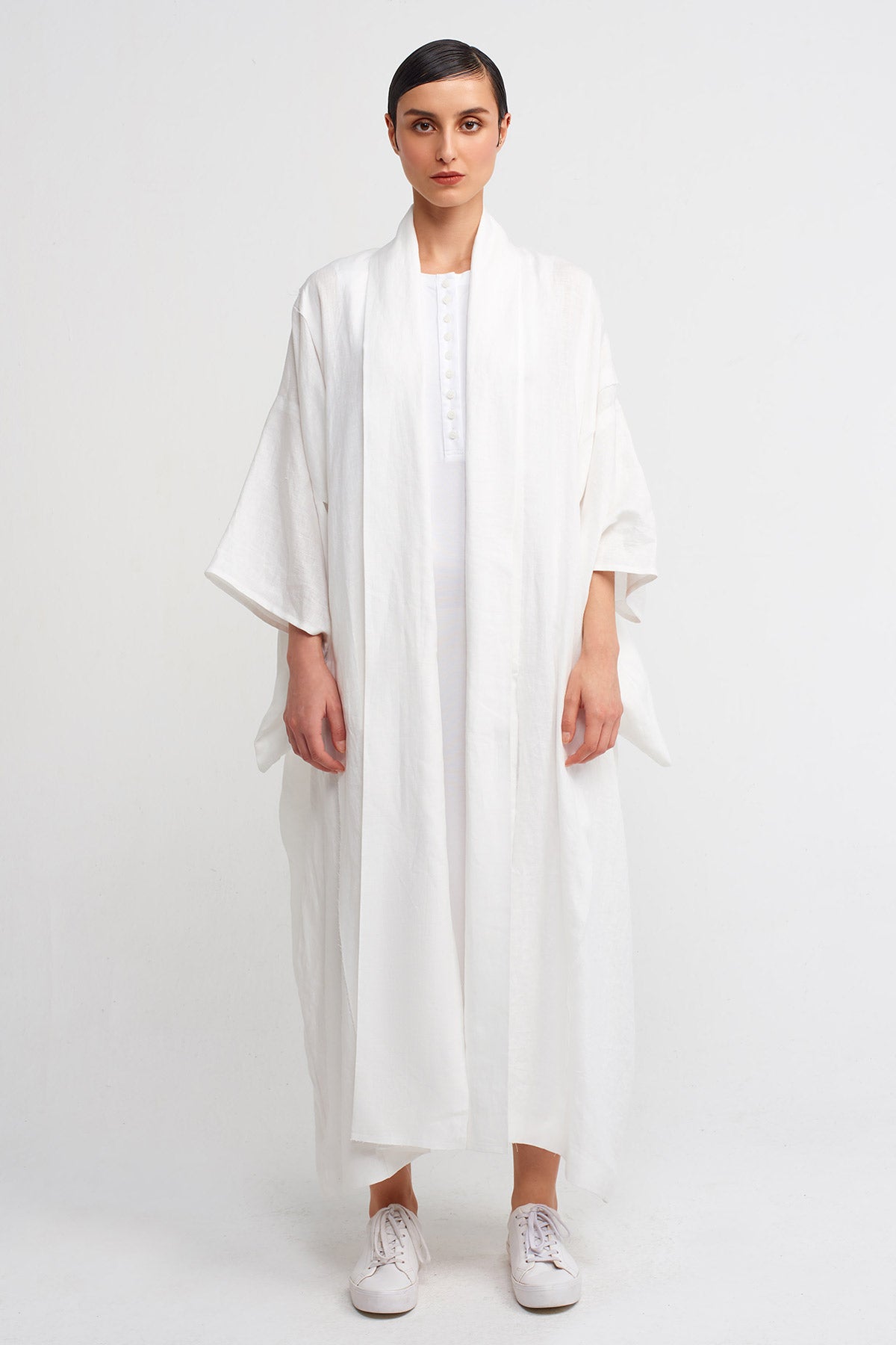 Off White Long Linen Kimono-Y245015017