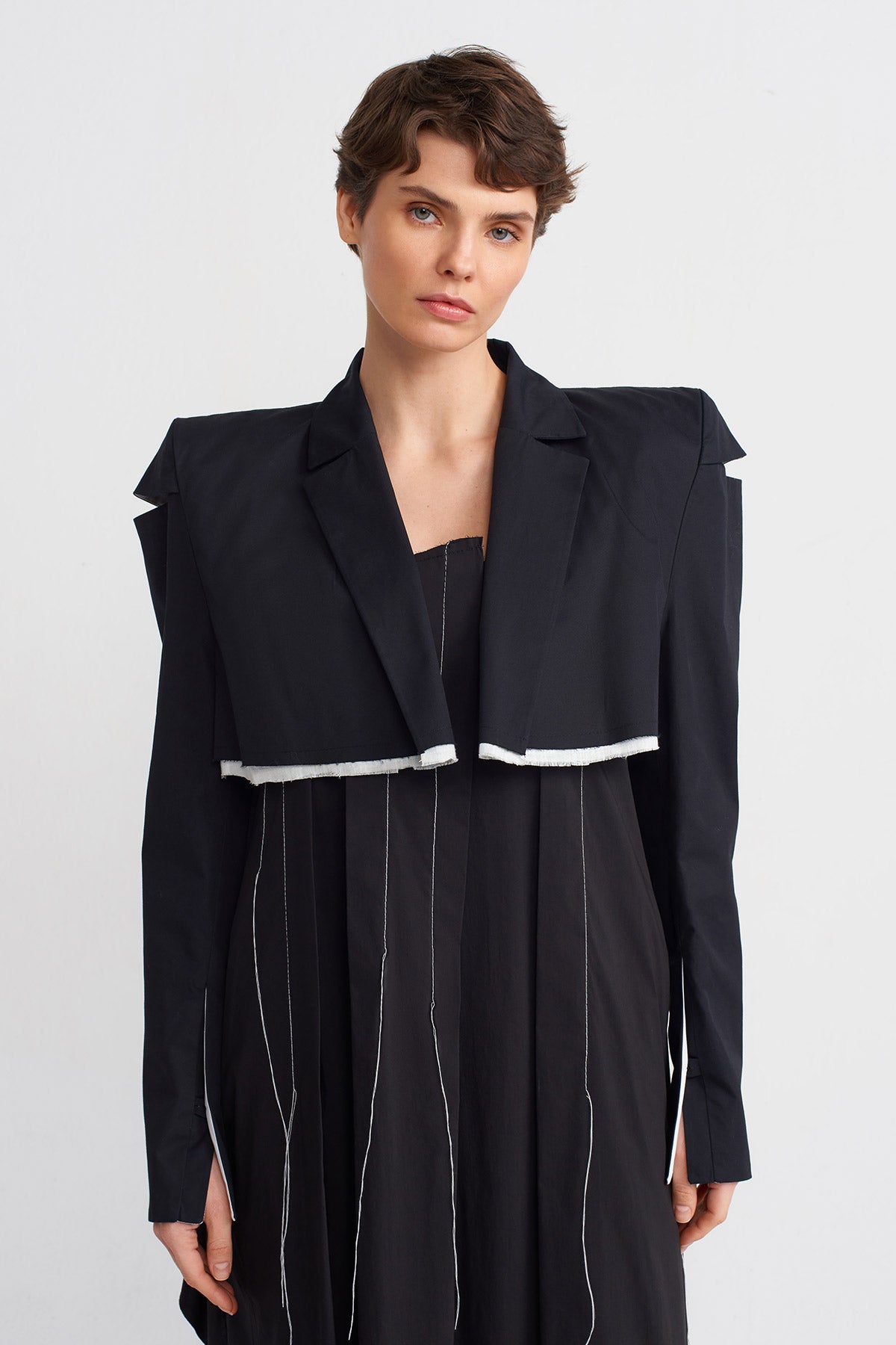 Black / White Padded Short Blazer Jacket-Y245015026