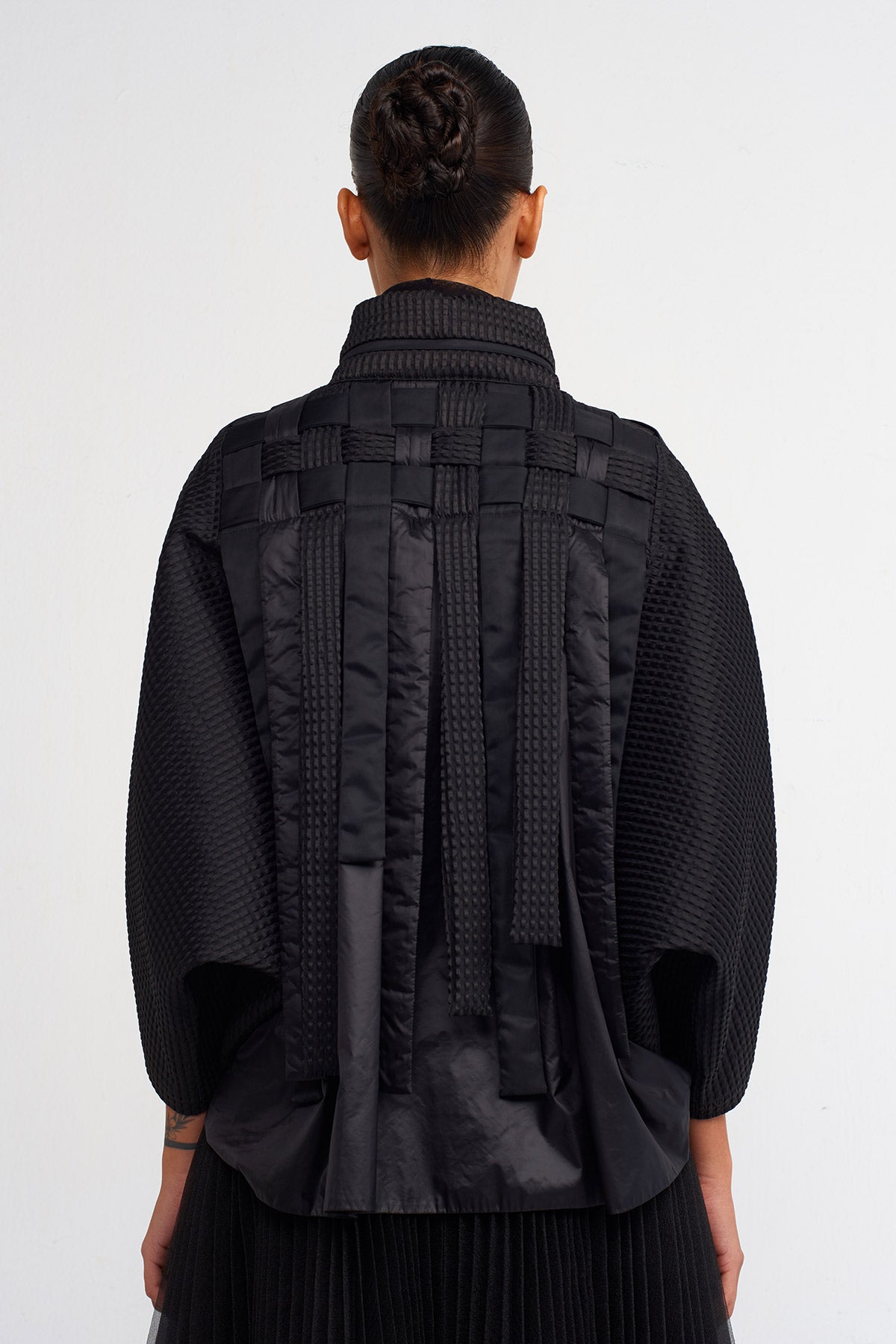 Black Basket Weave Detail Jacket-Y245015044
