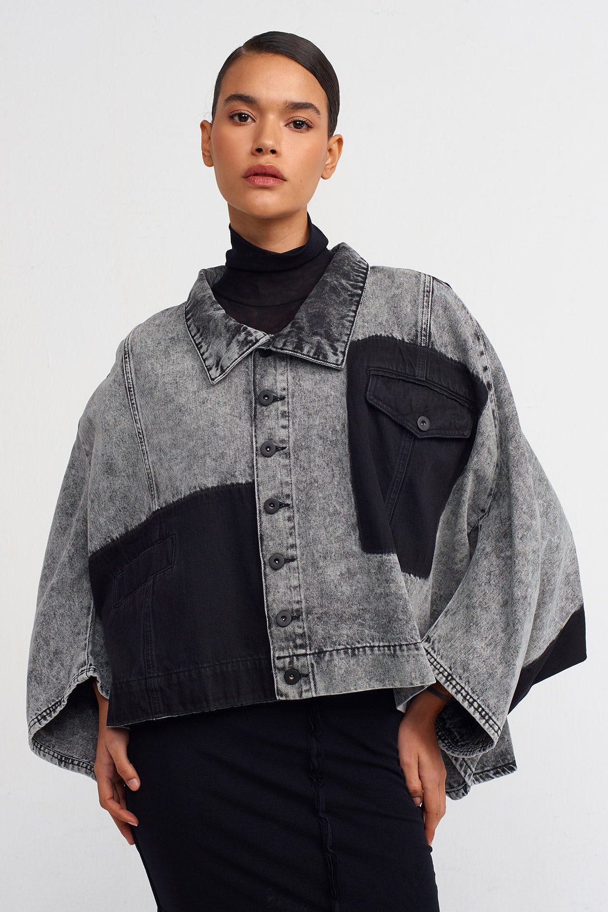 Beige/Black Denim Jacket with Patch Wash Detail-Y245015056