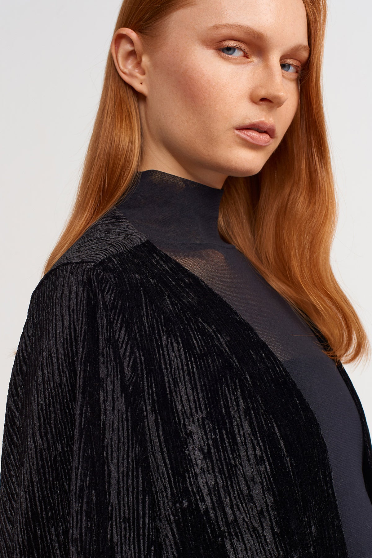 Black Pleated Velvet Jacket with Taffeta Detail-Y245015059