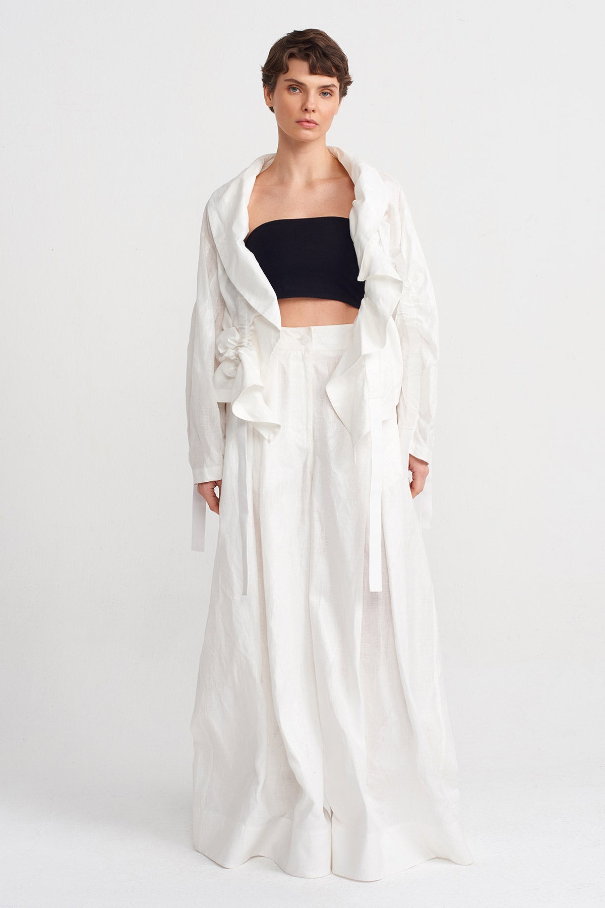 Off White Cropped Jacket with Ruched Detail-Y245015089