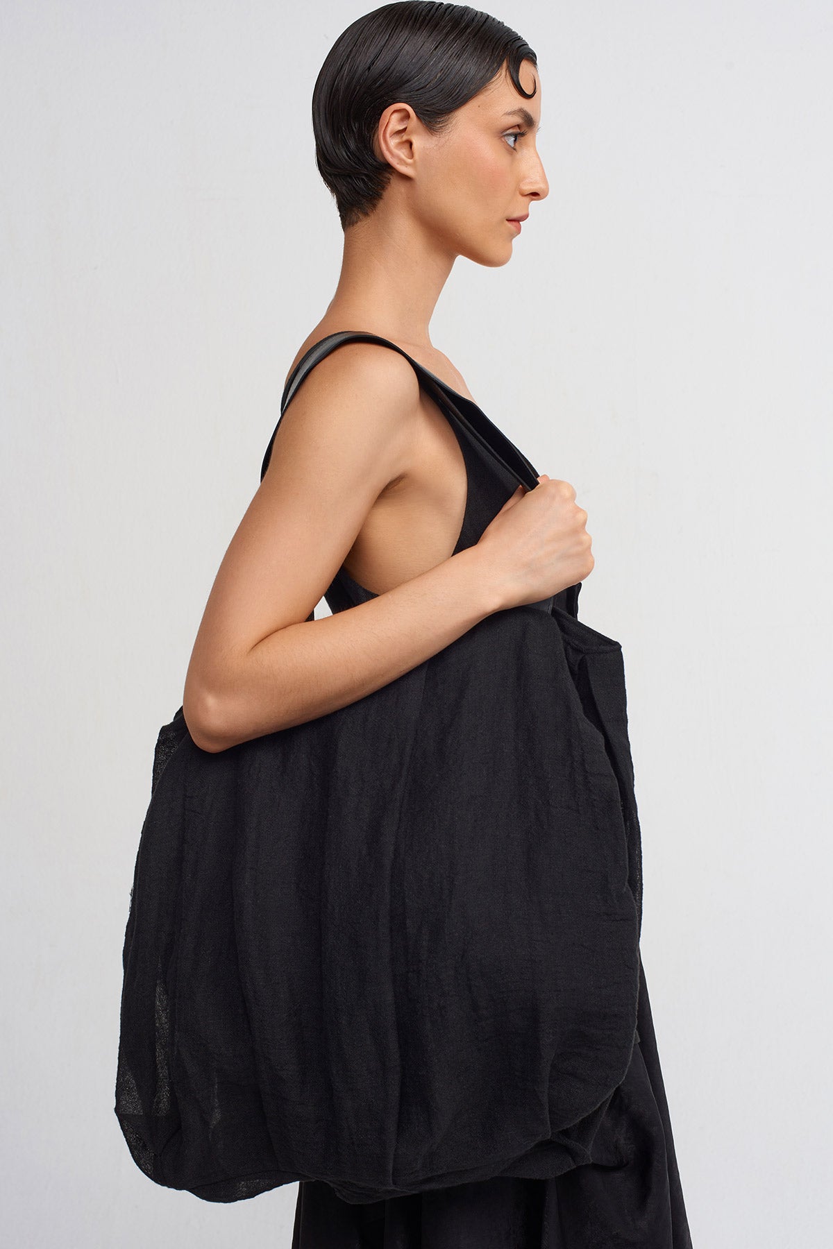 Black Leather Handles Linen Shoulder Bag-Y248018005