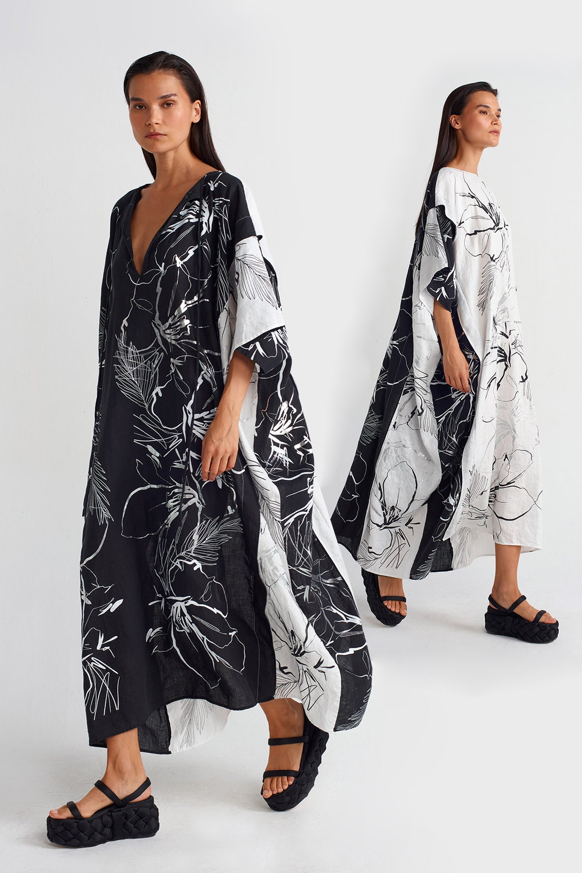 White / Black Printed Linen Kaftan Dress-Y254014075