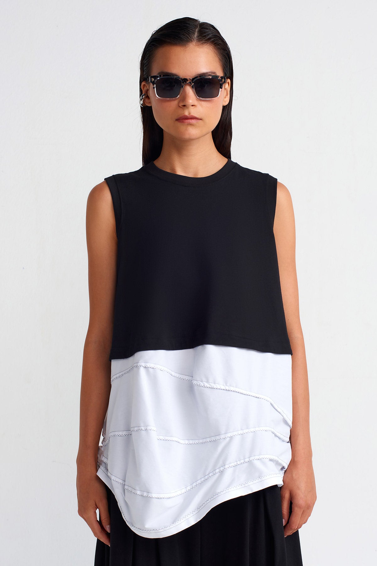 Black / White Double-Fabric Cotton T-shirt-Y251011011