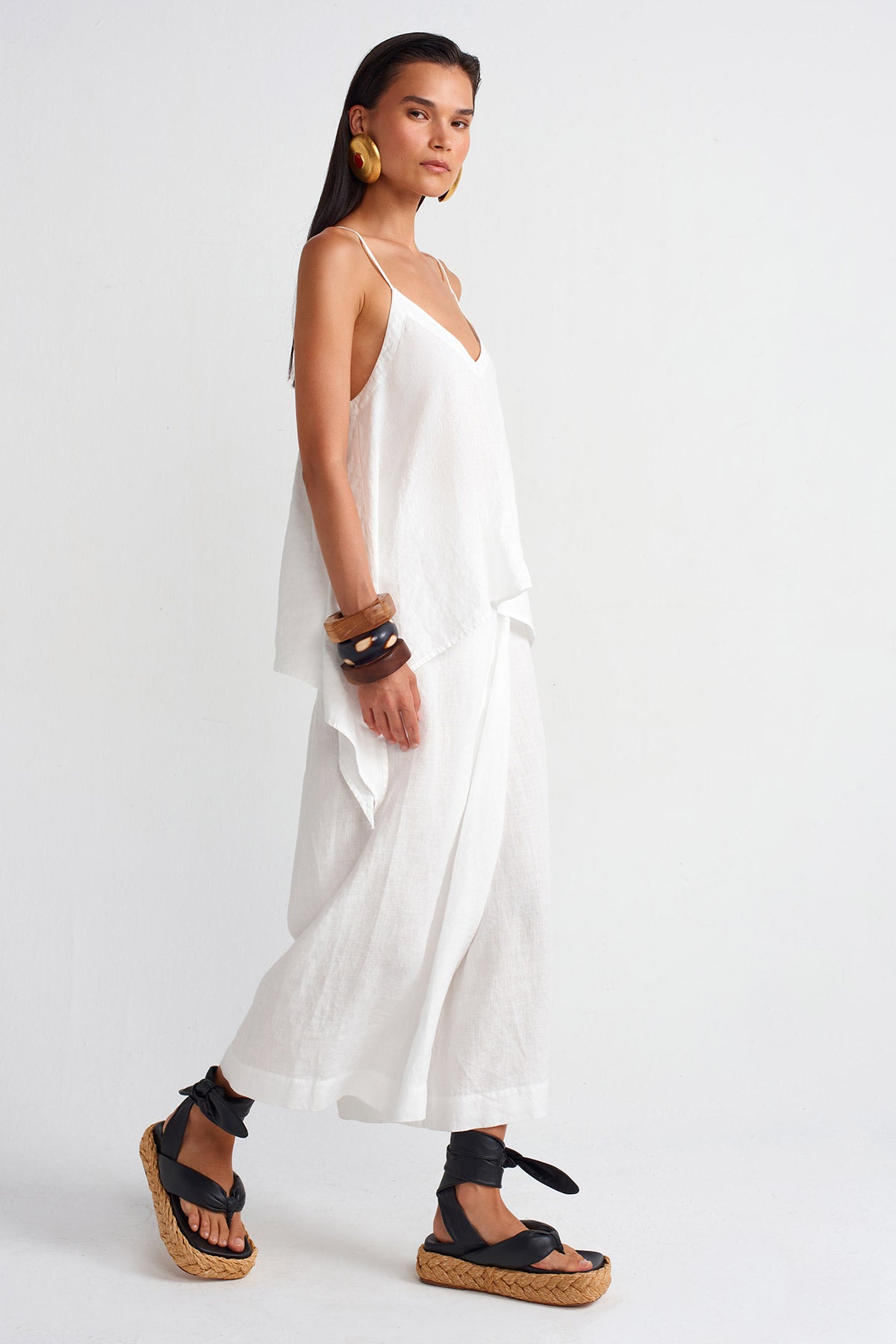 Off White V Neck Thin Strap Linen Blouse-Y251011062