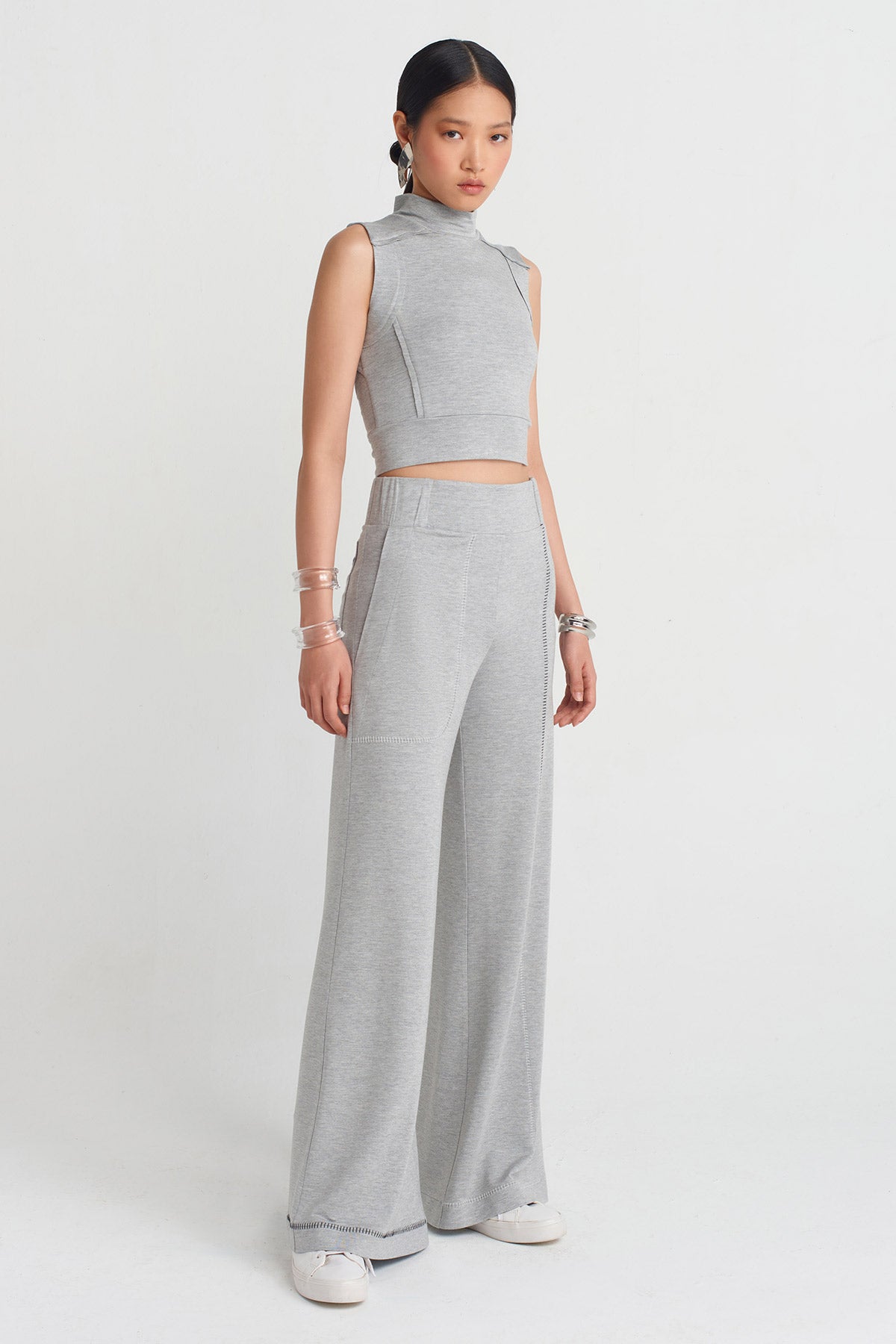 Grey Melange Backless Crop Top-Y251011092