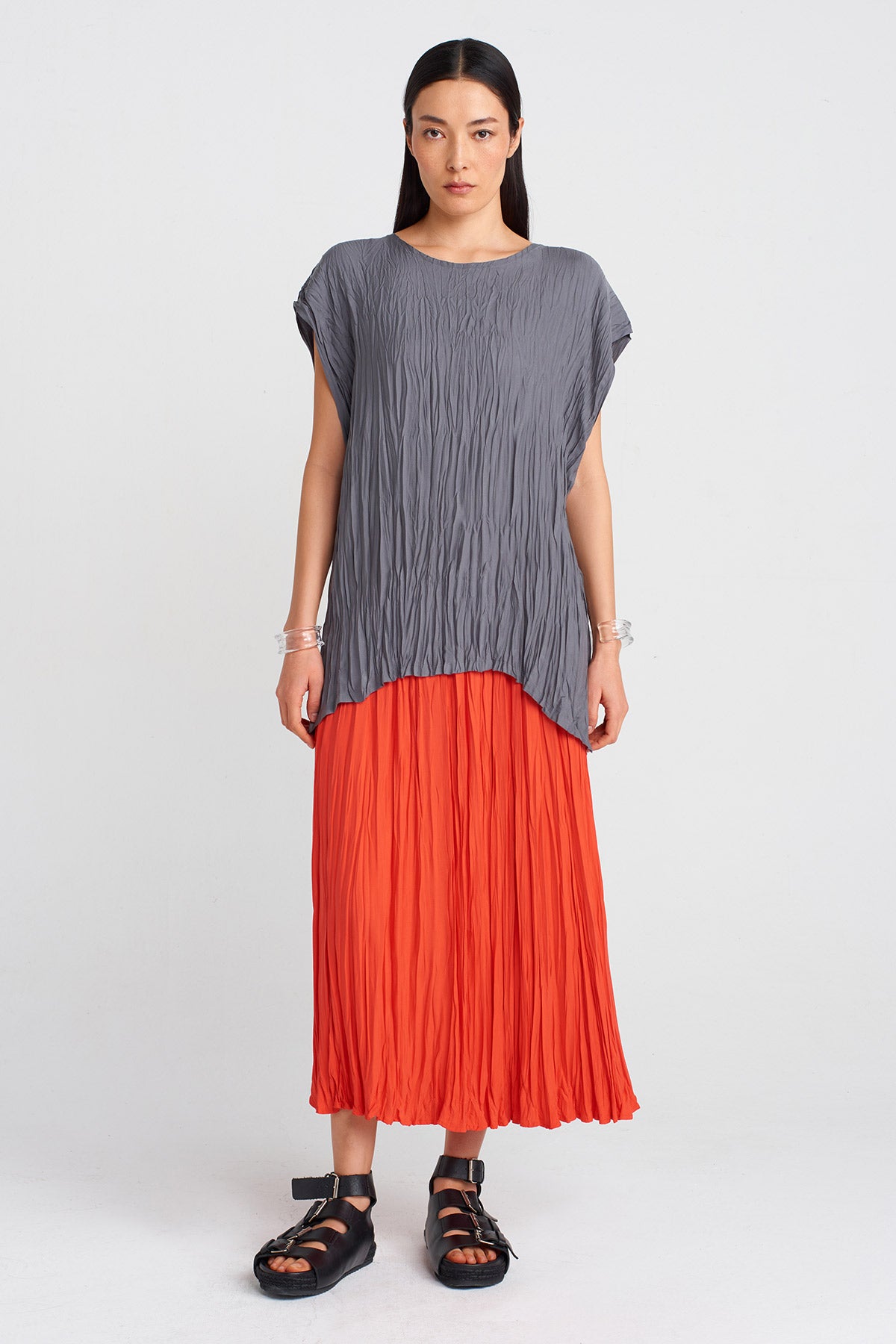 Steel Crinkle Effect Blouse-Y251011104