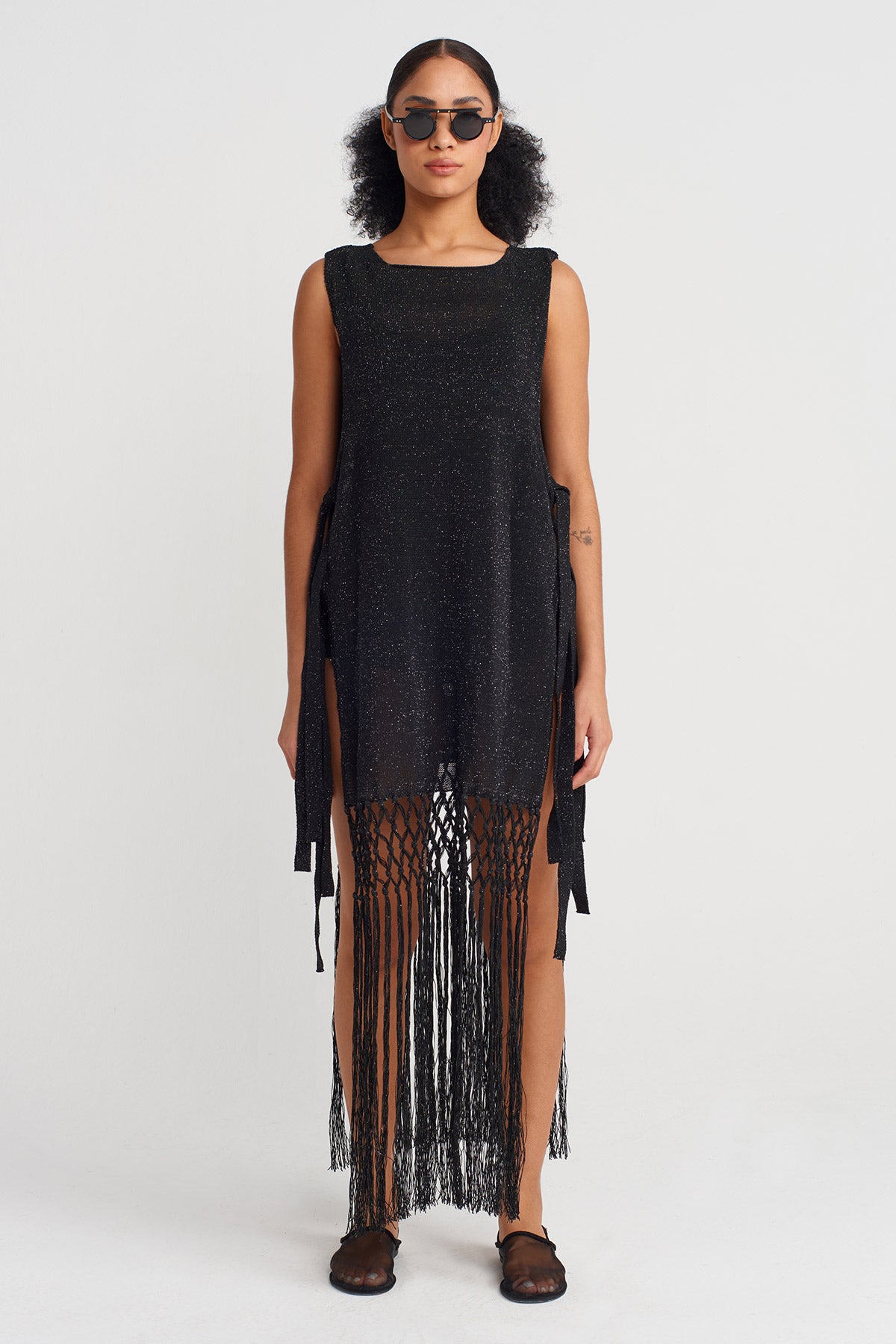 Black Knit Tunic with Side Ties-Y251011138