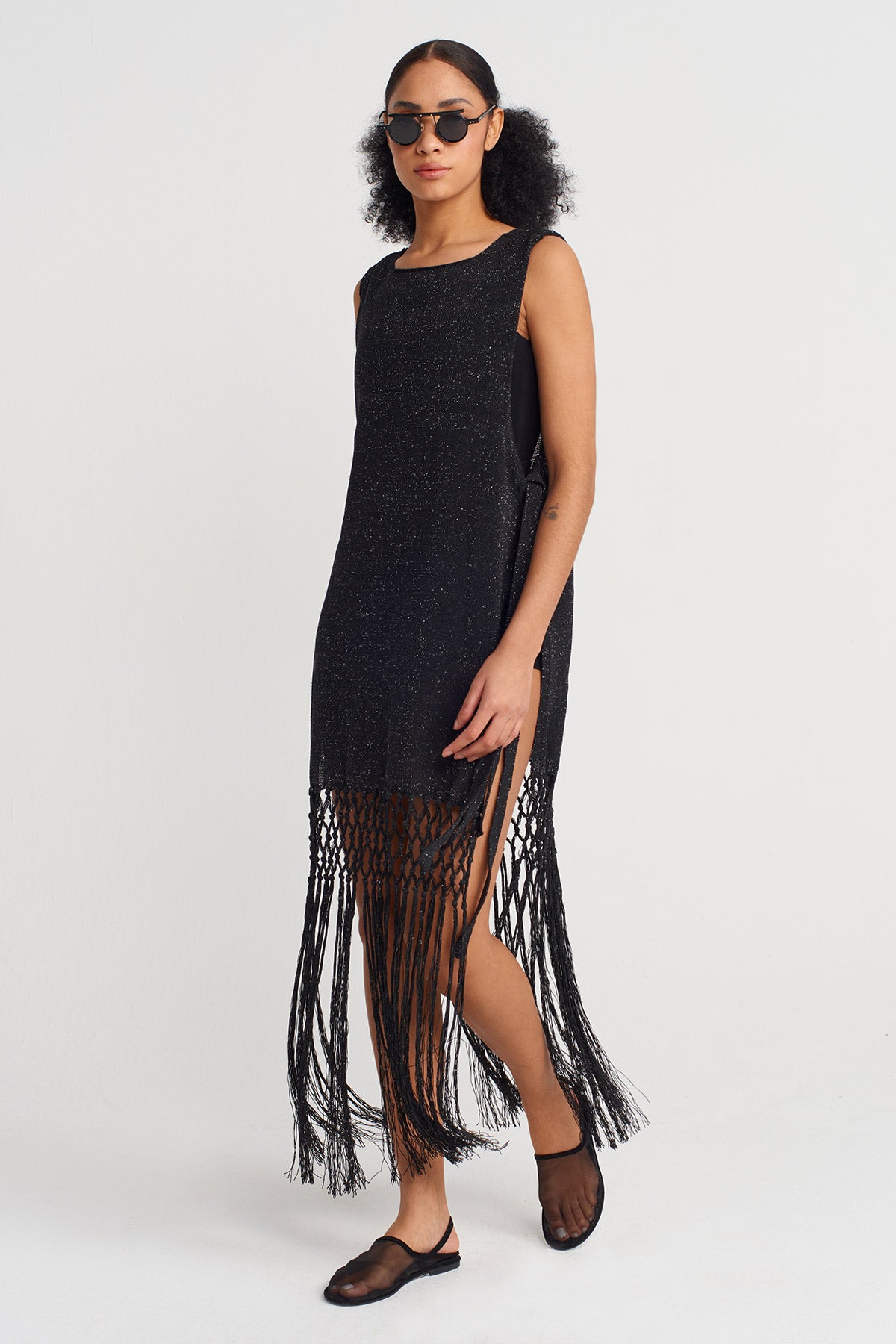 Black Knit Tunic with Side Ties-Y251011138