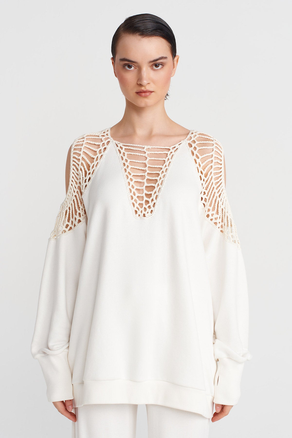 Off White Macrame Detail Sleeved Sweatshirt-Y251011173